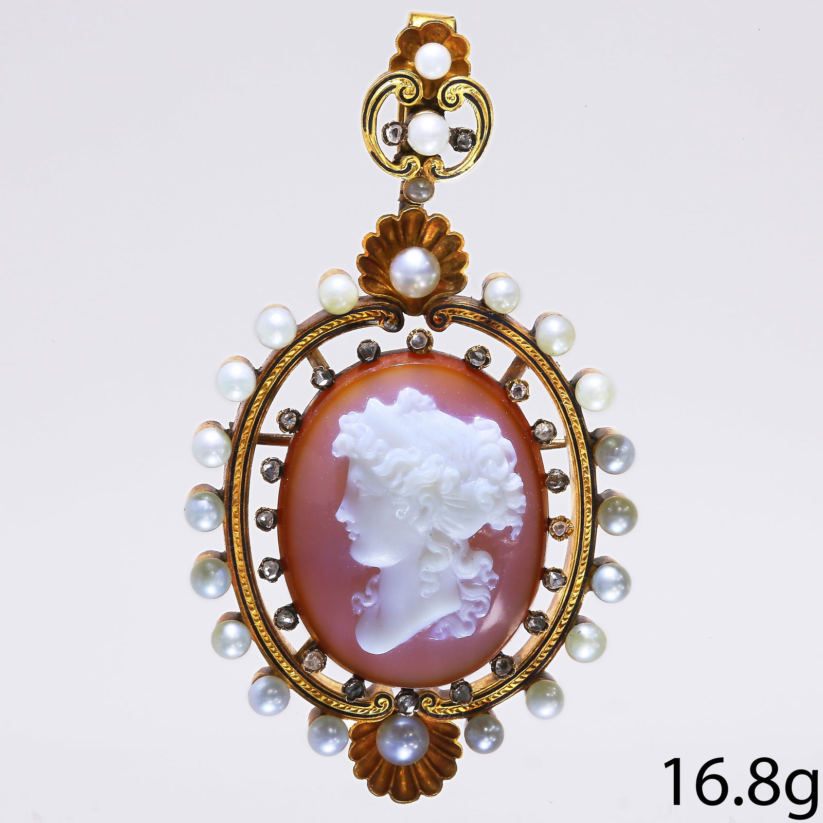 FINE VICTORIAN CAMEO PEARL DIAMOND AND ENAMEL BROOCH/PENDANT (1 of 1)