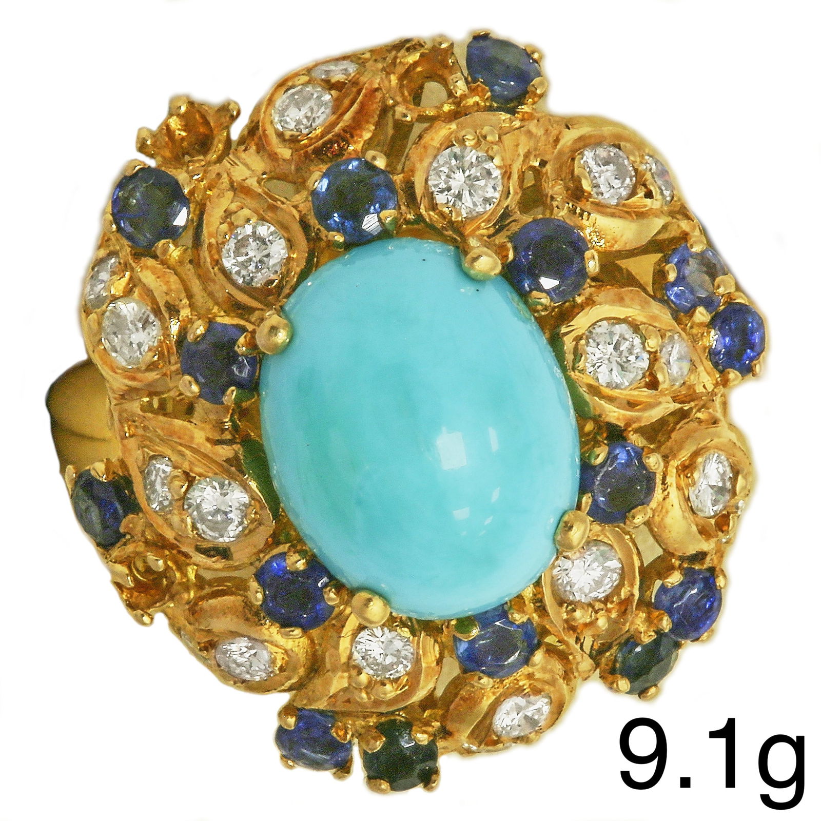 TURQUOISE SAPPHIRE AND DIAMOND CLUSTER RING (1 of 1)