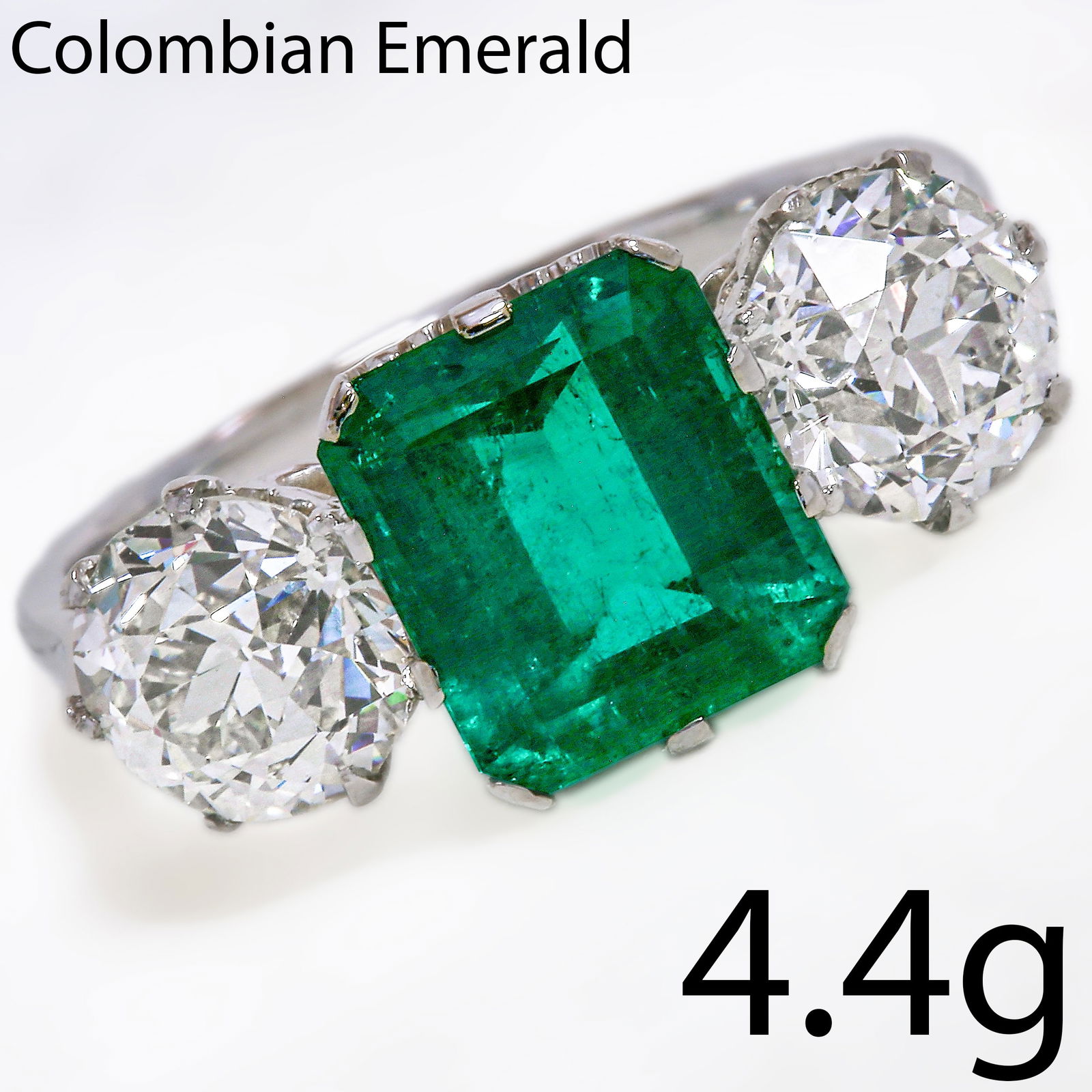FINE COLOMBIAN EMERALD AND DIAMOND THREE STONE RING (1 of 1)