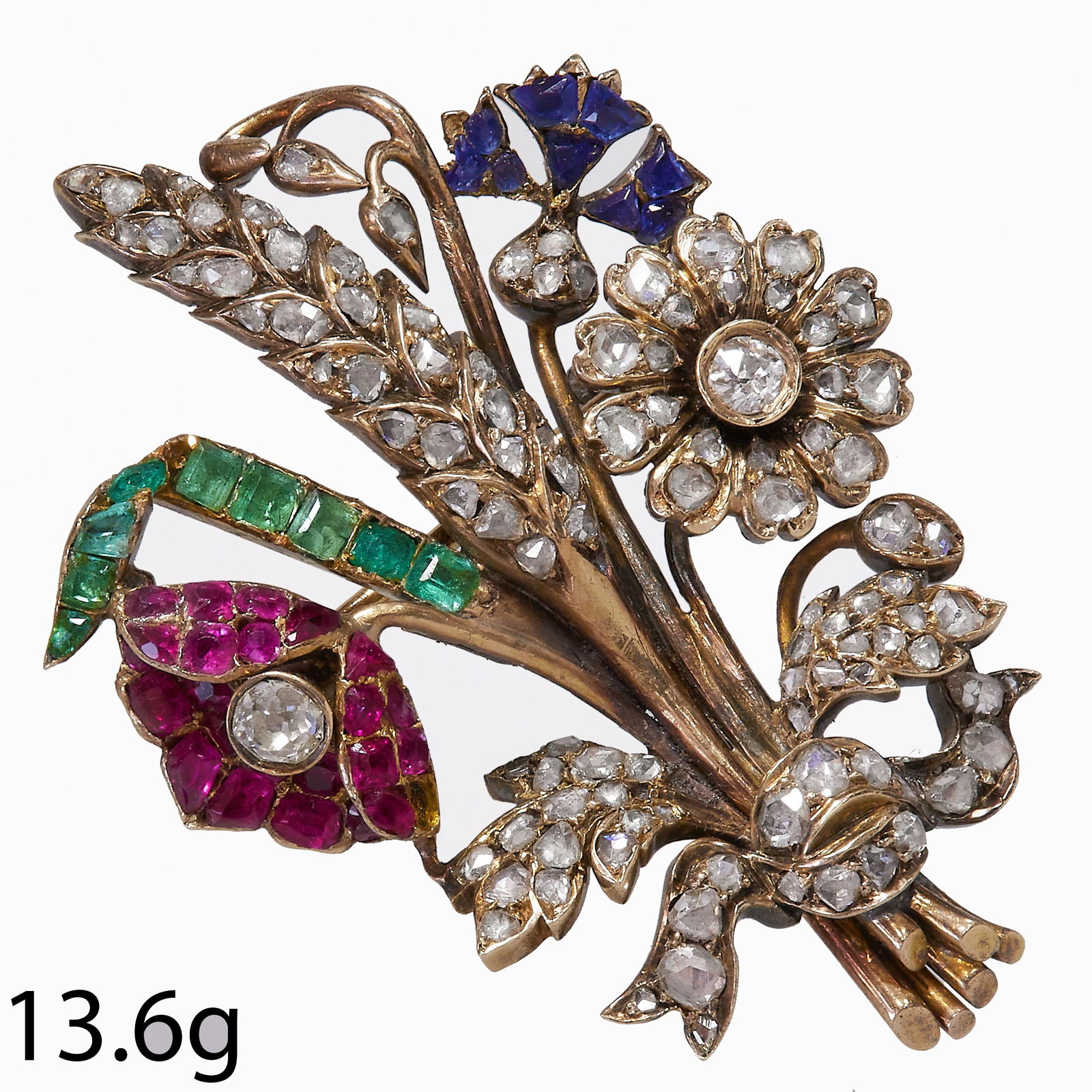 ANTIQUE DIAMOND RUBY SAPPHIRE AND EMERALD FLORAL SPRAY BROOCH (1 of 1)