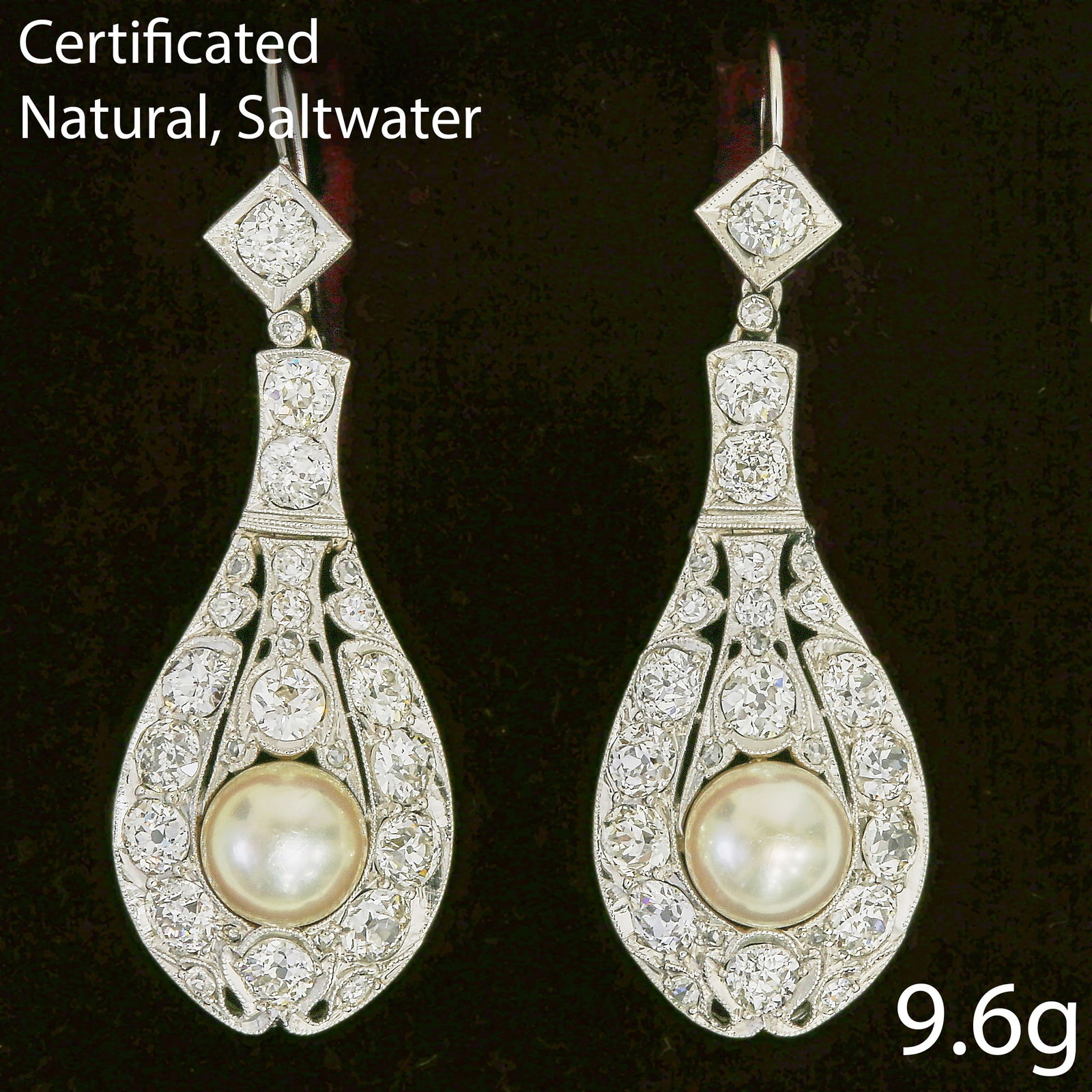 ELEGANT BELLE EPOQUE CERTIFICATED NATURAL SALTWATER AND DIAMOND EARRINGS: ELEGANT BELLE EPOQUE CERTIFICATED NATURAL SALTWATER AND DIAMOND EARRINGS 9.6 gram platinum and gold matching saltwater pearls of approx. 7.5 and 7.4 mm.bright lively old cut diamonds, totalling