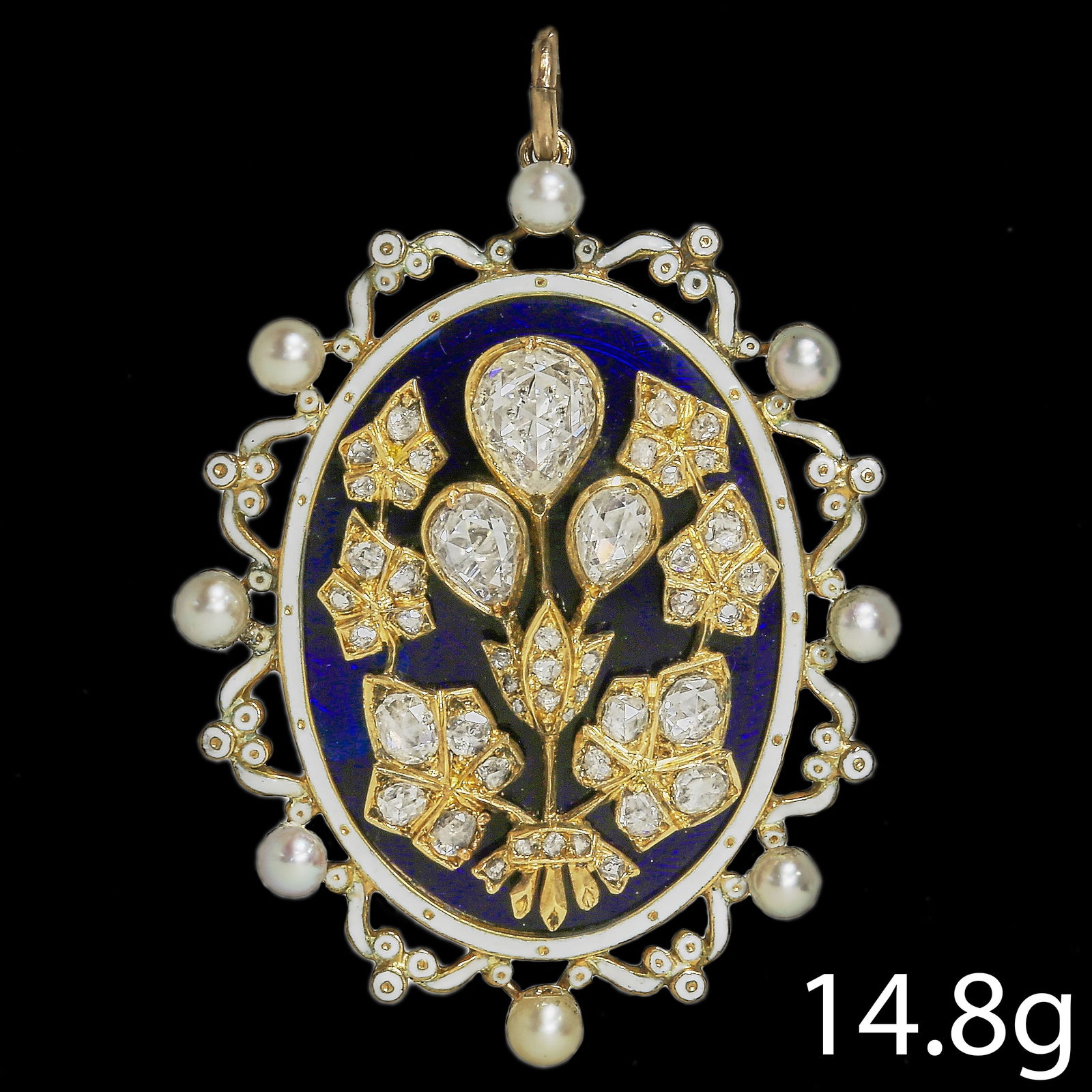 ANTIQUE PEARL, DIAMOND AND ENAMEL PENDANT: ANTIQUE PEARL, DIAMOND AND ENAMEL PENDANT,14.8 grams.Bright and lively diamond,.Multi-colour enamel background, surrounded with pearl accents on the sides.L. 4.7 cm.