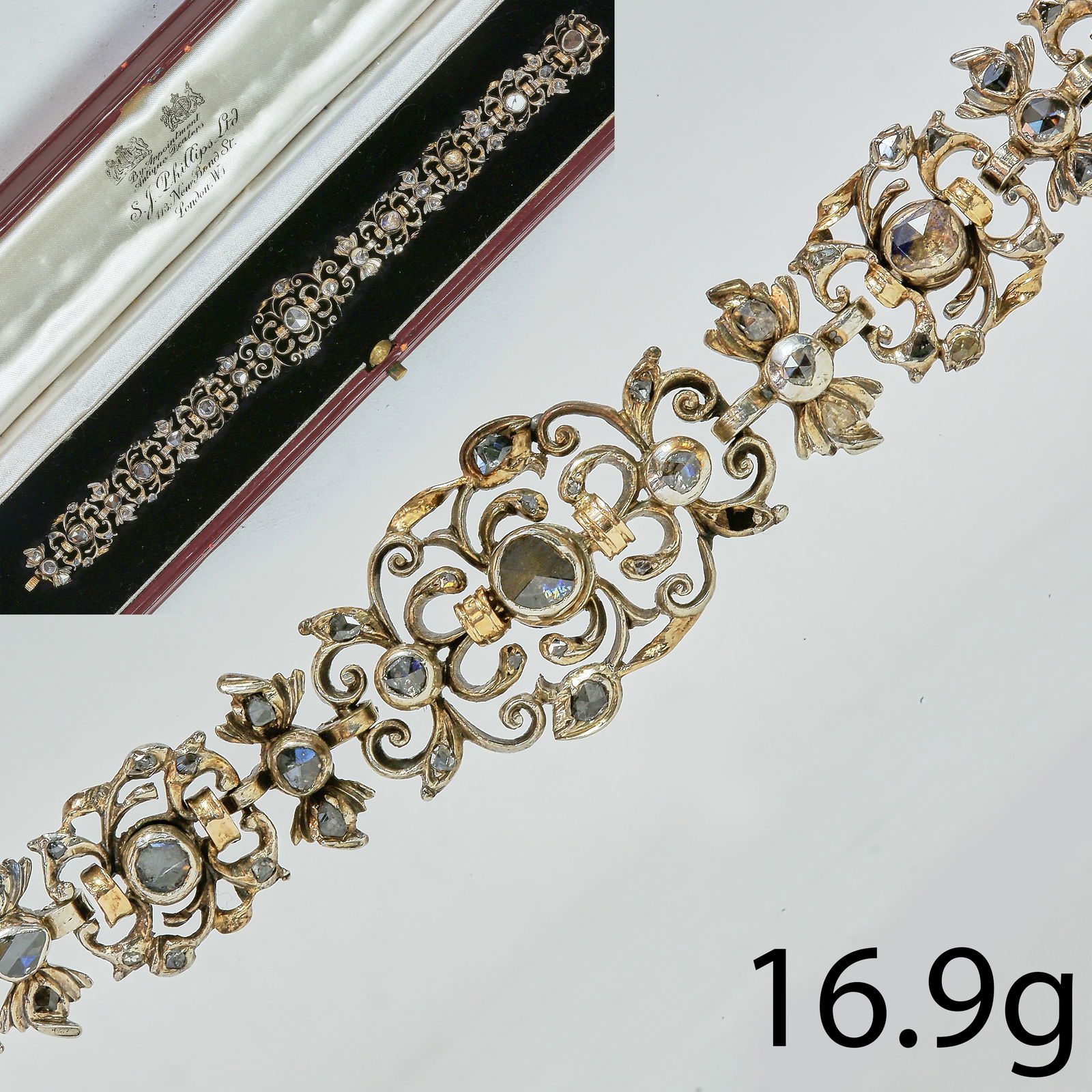 18th CENTURY GEORGIAN DIAMOND BRACELET: 18th CENTURY GEORGIAN DIAMOND BRACELET 30.5 grams lively diamonds beautiful craftsmanship L 17.5 cm fitted box