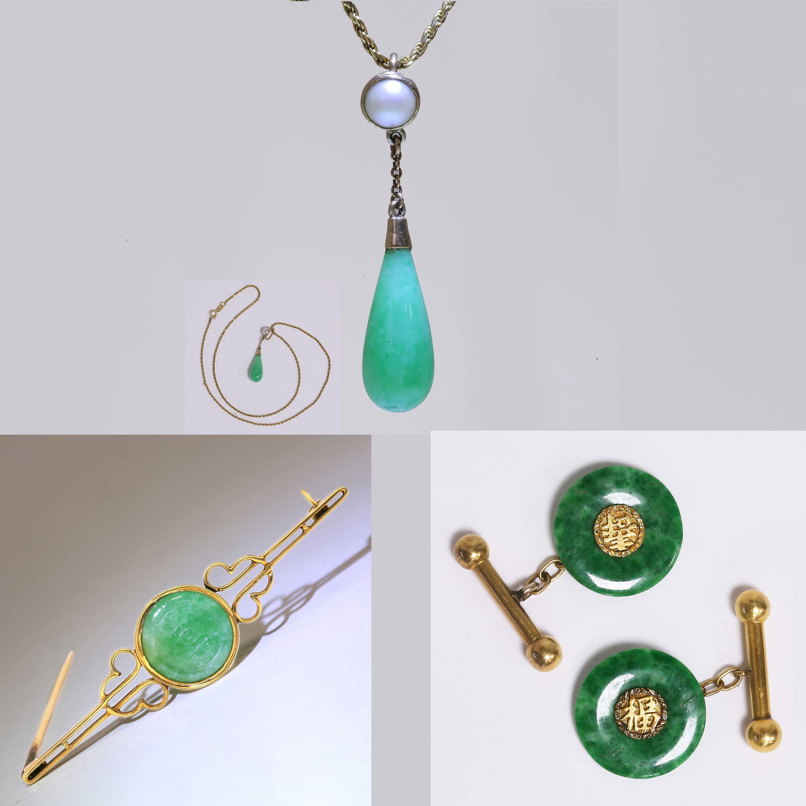 LOT OF JADE JEWELLERY: LOT OF JADE JEWELLERY,16.3 grams, testing 14 ct. gold.Necklace with pearl and jade drop (pearl untested).Bar brooch with carved jade plaque.Pair of jade cufflinks.L. necklace 44 cm.