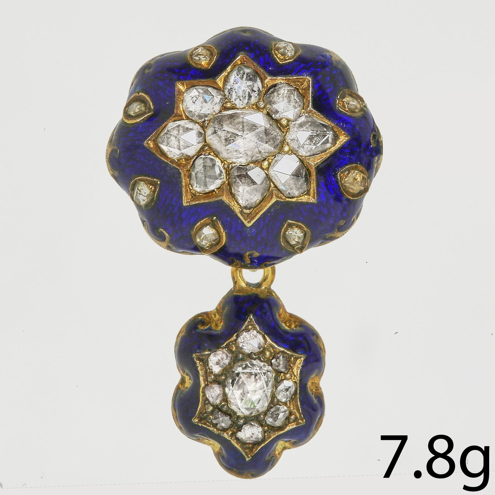 FINE VICTORIAN ROSE CUT DIAMOND AND ENAMEL GOLD BROOCH: FINE VICTORIAN ROSE CUT DIAMOND AND ENAMEL GOLD BROOCH 7.8 grams enamel in great condition lively diamonds L 3.5