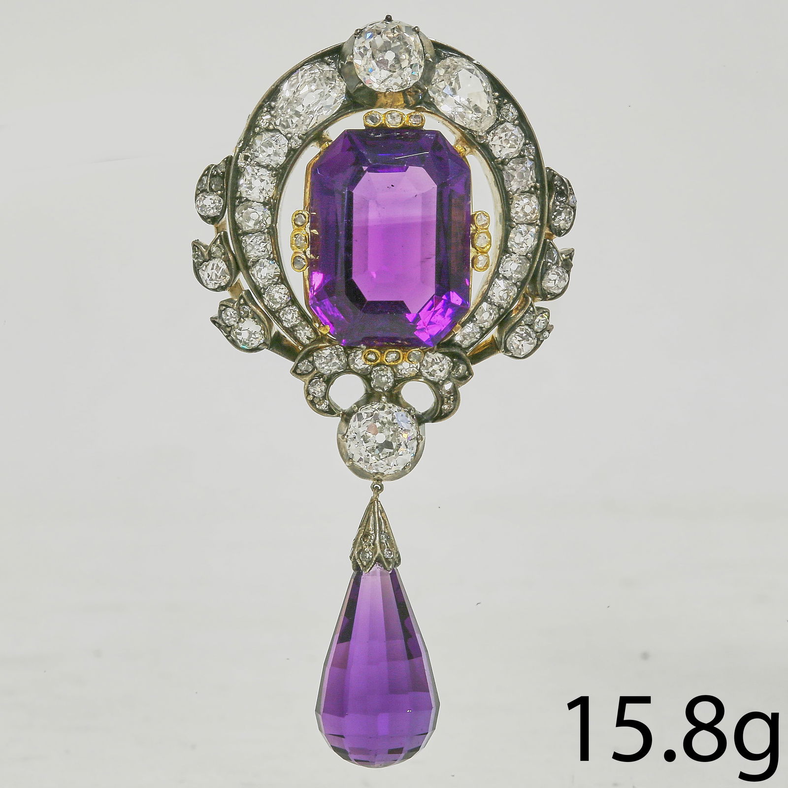 FINE ANTIQUE AMETHYST AND DIAMOND DROP BROOCH (1 of 1)
