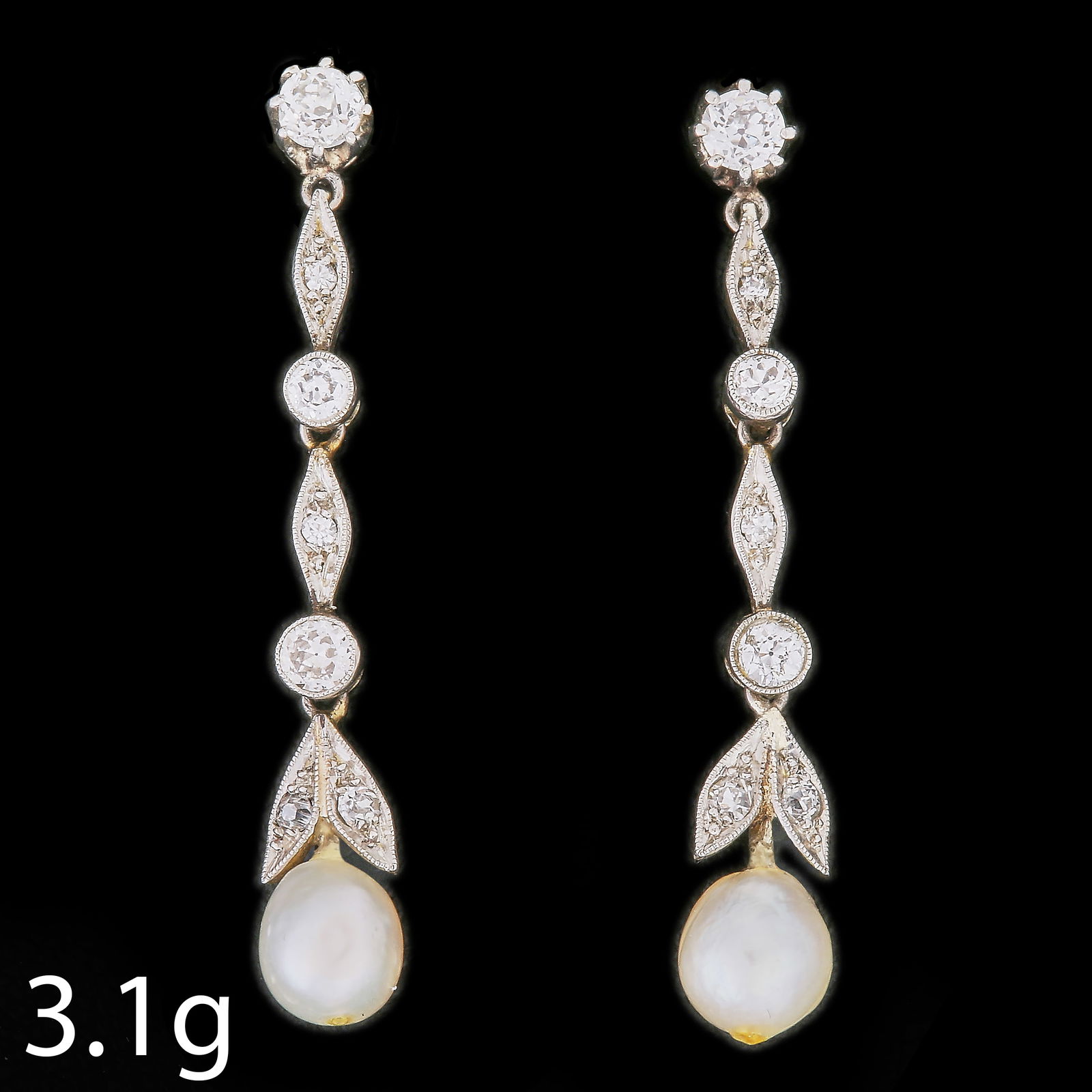 PAIR OF EDWARDIAN PEARL AND DIAMOND EARRINGS: PAIR OF EDWARDIAN PEARL AND DIAMOND EARRINGS,3,1 grams.Diamonds bright and lively.Lovely articulated.Lovely pearls (untested, assumed to be natural).L. 3,4 cm.