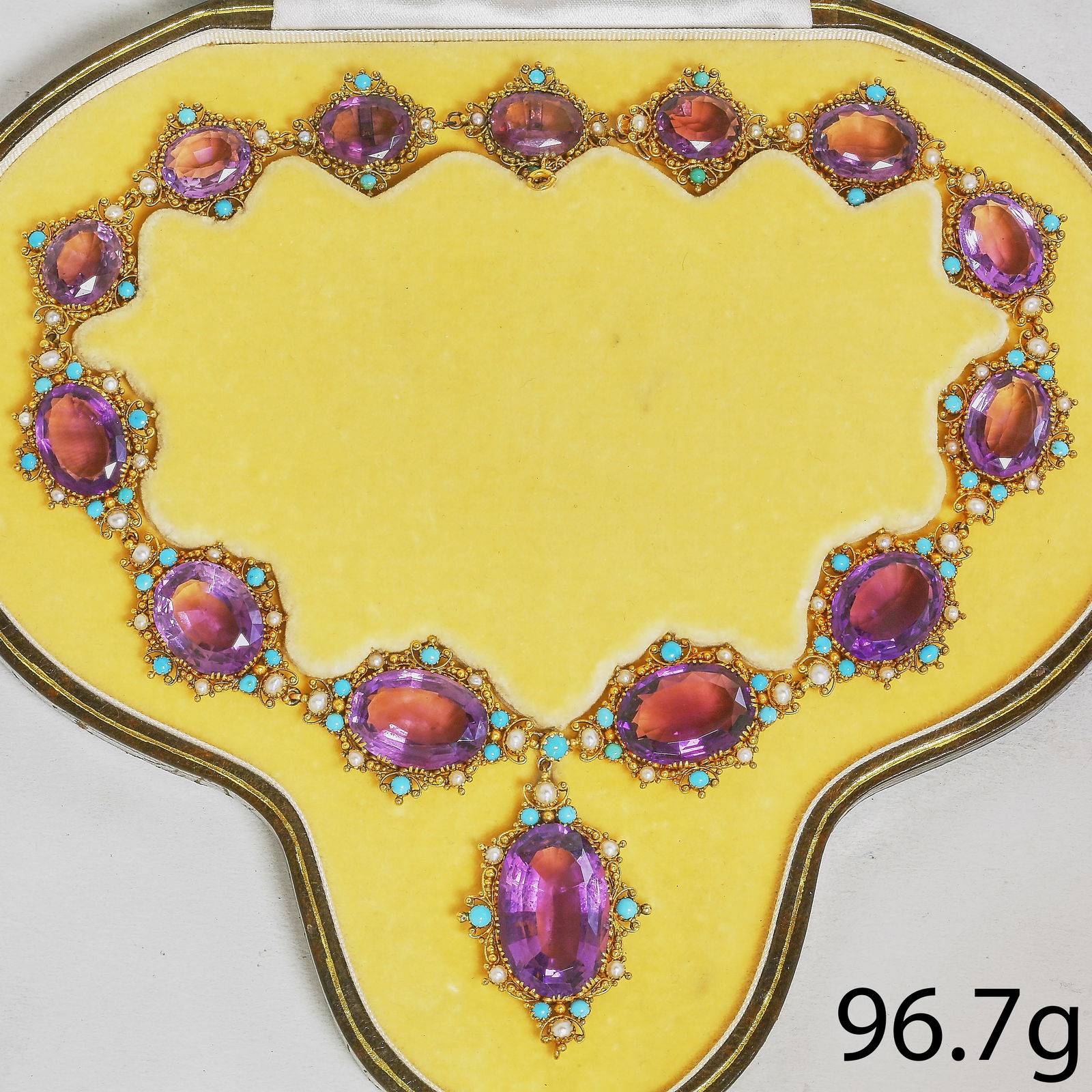 RARE VICTORIAN AMETHYST, PEARL AND TURQUOISE NECKLACE: RARE VICTORIAN AMETHYST, PEARL AND TURQUOISE NECKLACE,96,7 grams, testing high carat gold.Gorgeous rich and vibrant amethysts, graduated in size.All accentuated with fine turquoise and pearls in the s