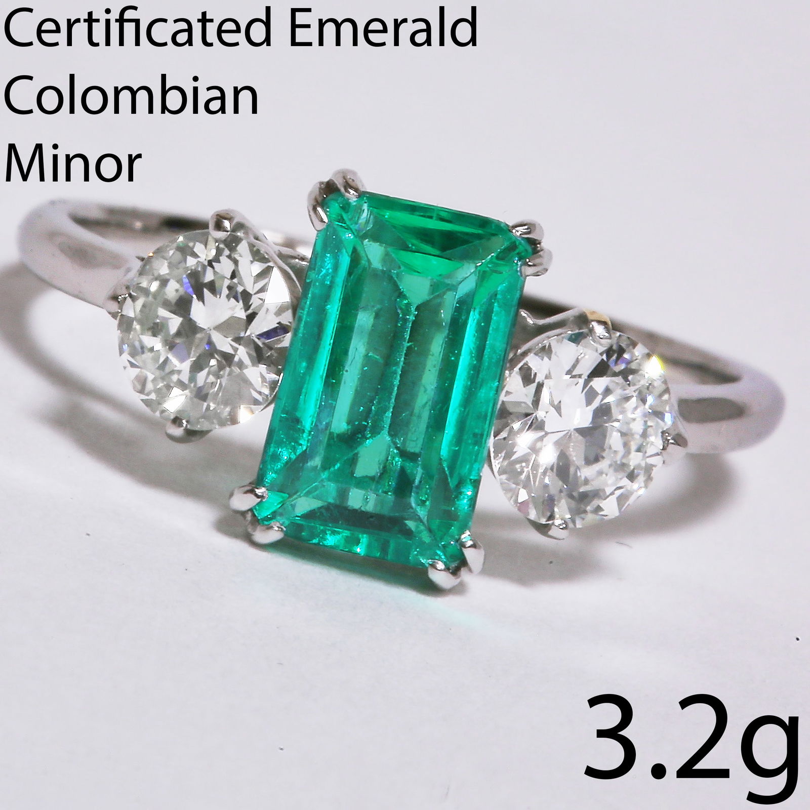 CERTIFICATED COLOMBIAN EMERALD AND DIAMOND 3-STONE RING (1 of 1)