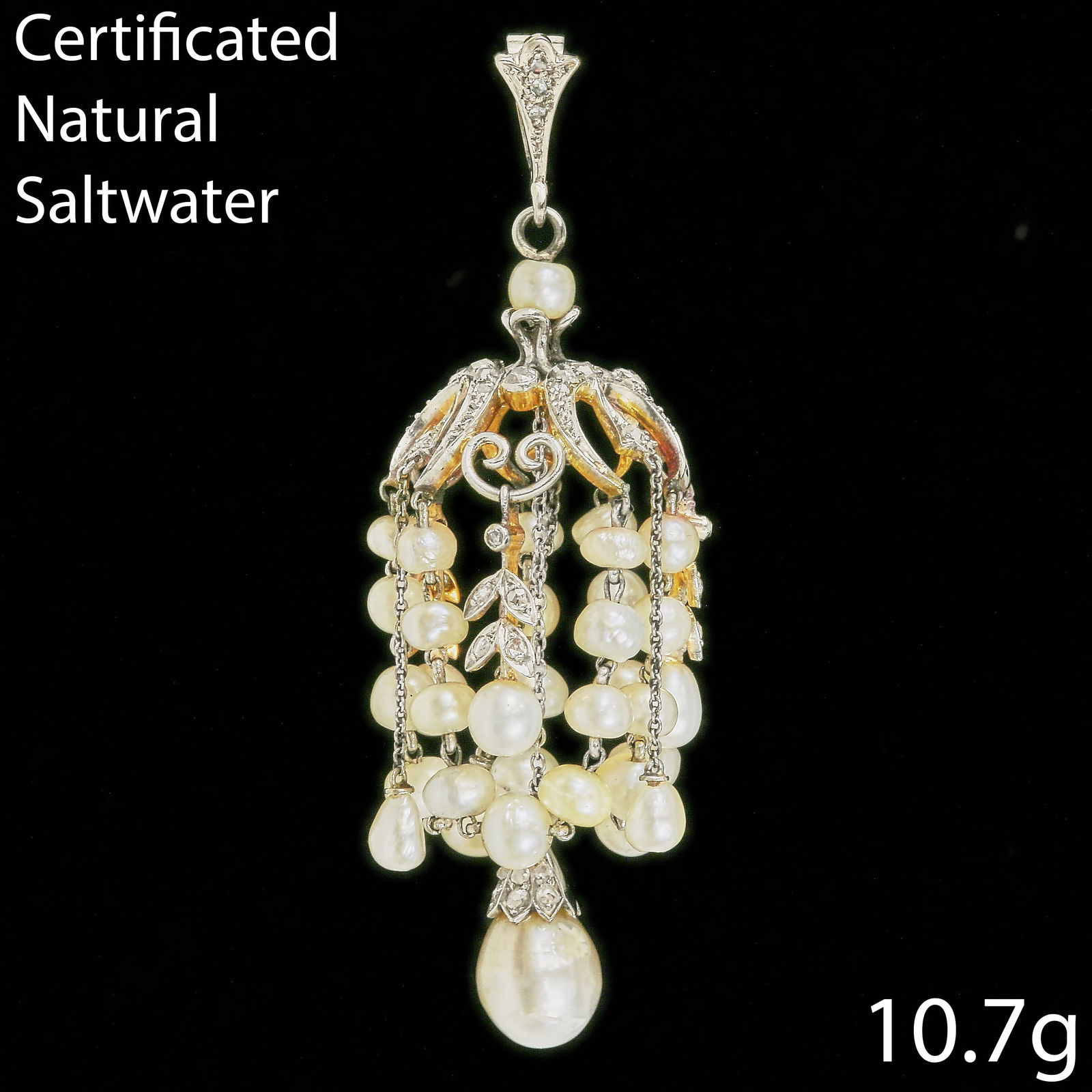 CERTIFICATED NATURAL SALTWATER PEARL AND DIAMOND PENDANT: CERTIFICATED NATURAL SALTWATER PEARL AND DIAMOND PENDANT 10.7 grams fine natural saltwater pearls bright lively diamonds L 5.8 cmfor certificate details see photos