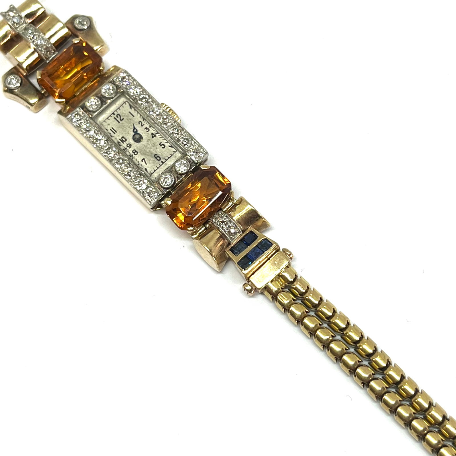 ART-DECO DIAMOND, CITRINE AND SAPPHIRE WATCH: ART-DECO DIAMOND, CITRINE AND SAPPHIRE WATCH,38,9 grams, testing high carat gold.Diamonds bright and lively.Rich and vibrant citrines and sapphires.L. 16.5 cm.