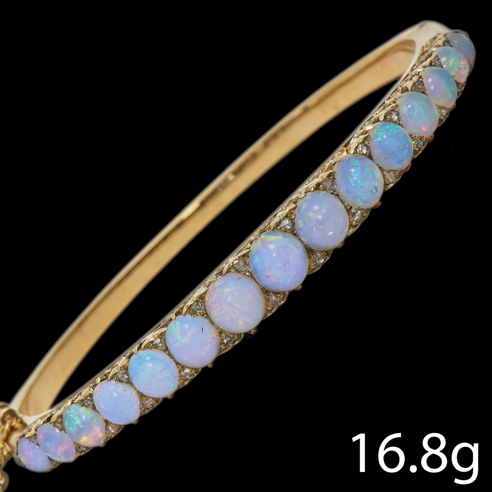 FINE ANTIQUE OPAL AND DIAMOND GOLD HINGED BANGLE (1 of 1)