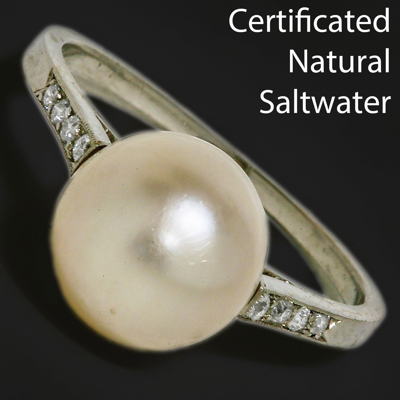 CERTIFICATED NATURAL SALTWATER PEARL AND DIAMOND RING: CERTIFICATED NATURAL SALTWATER PEARL AND DIAMOND RING,The pearl of approx. 9.22 x 8.92 x 8.72 mm. (Certificated, Natural, Saltwater). Fine pearlDiamonds bright and lively.Size L 1/2.See certificate.