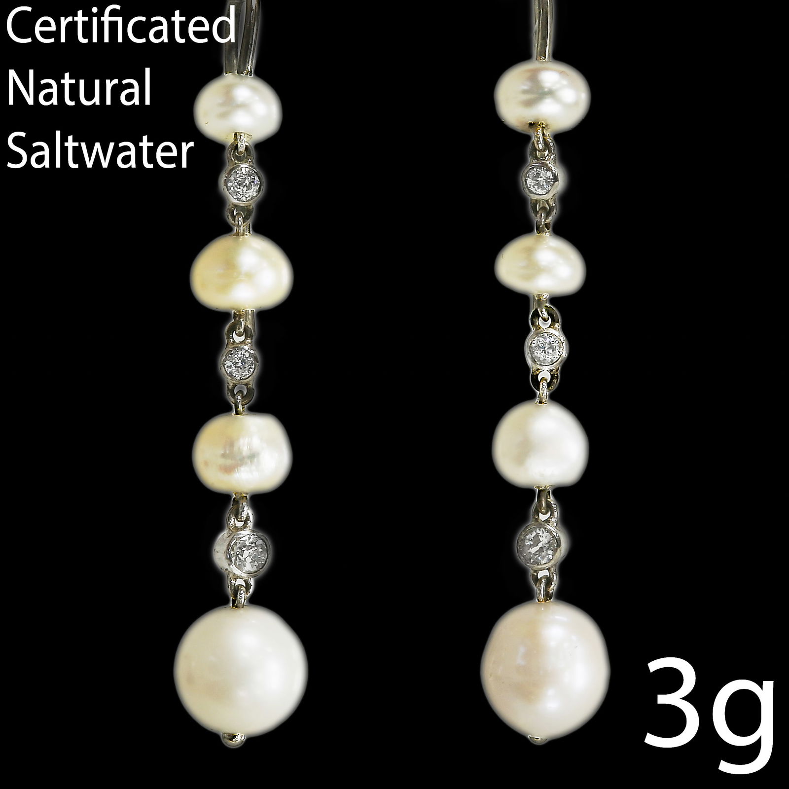 PAIR OF CERTIFICATED NATURAL SALTWATER PEARL AND DIAMOND EARRINGS: PAIR OF CERTIFICATED NATURAL SALTWATER PEARL AND DIAMOND EARRINGS,4,7 grams.Lovely pearls, largest of approx. 7,1 mm. (Certificated, Natural saltwater).Diamonds bright and lively.L. 4,8 cm.See certifi