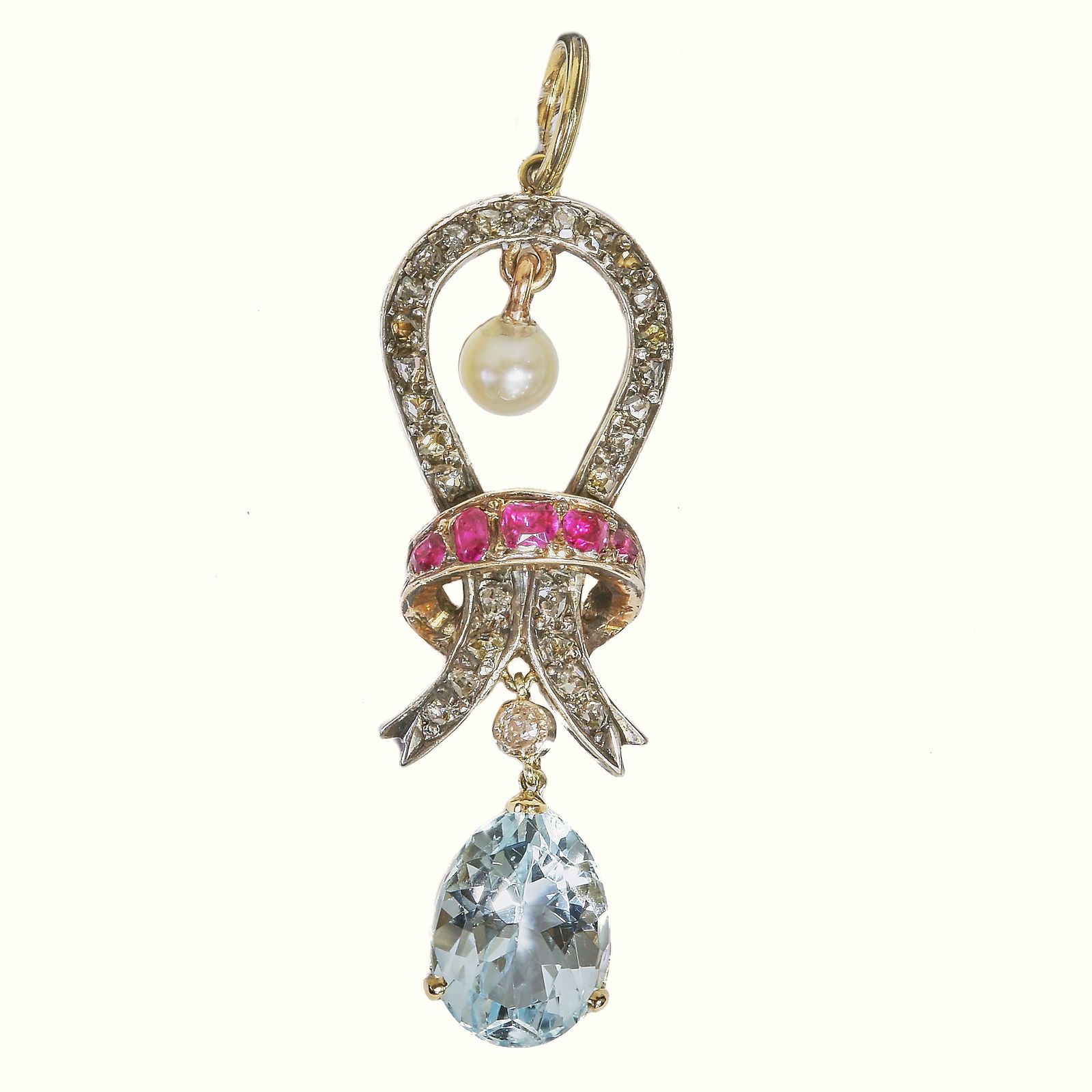 ANTIQUE DIAMOND, RUBY, PEARL AND AQUAMARINE PENDANT (1 of 1)