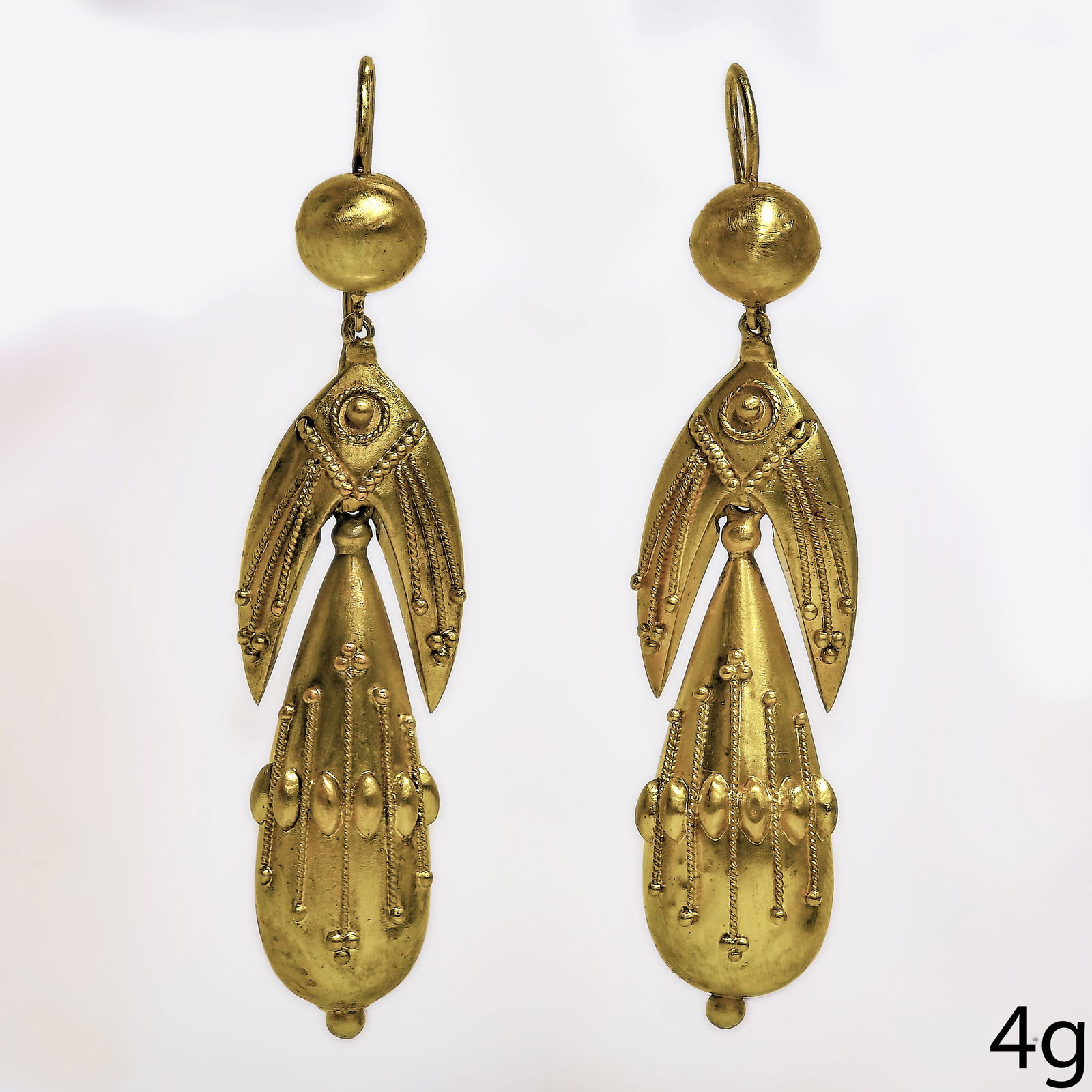 PAIR OF VICTORIAN ETRUSCAN REVIVAL EARRINGS: PAIR OF VICTORIAN ETRUSCAN REVIVALEARRINGS4 grams, testing high carat gold.Fine twisted rope decoration.L. 5.1 cm.