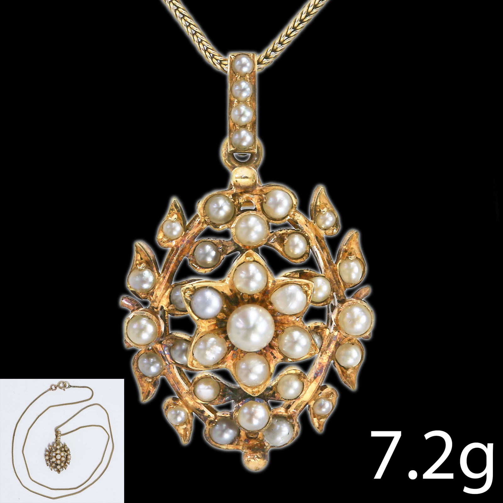 ANTIQUE GOLD AND PEARL PENDANT AND CHAIN: ANTIQUE GOLD AND PEARL PENDANT AND CHAIN7.2 grams, testing high carat gold. Pearls untested, assumed to be natural. L. chain 48 cm. L. pendant 3.2 cm.