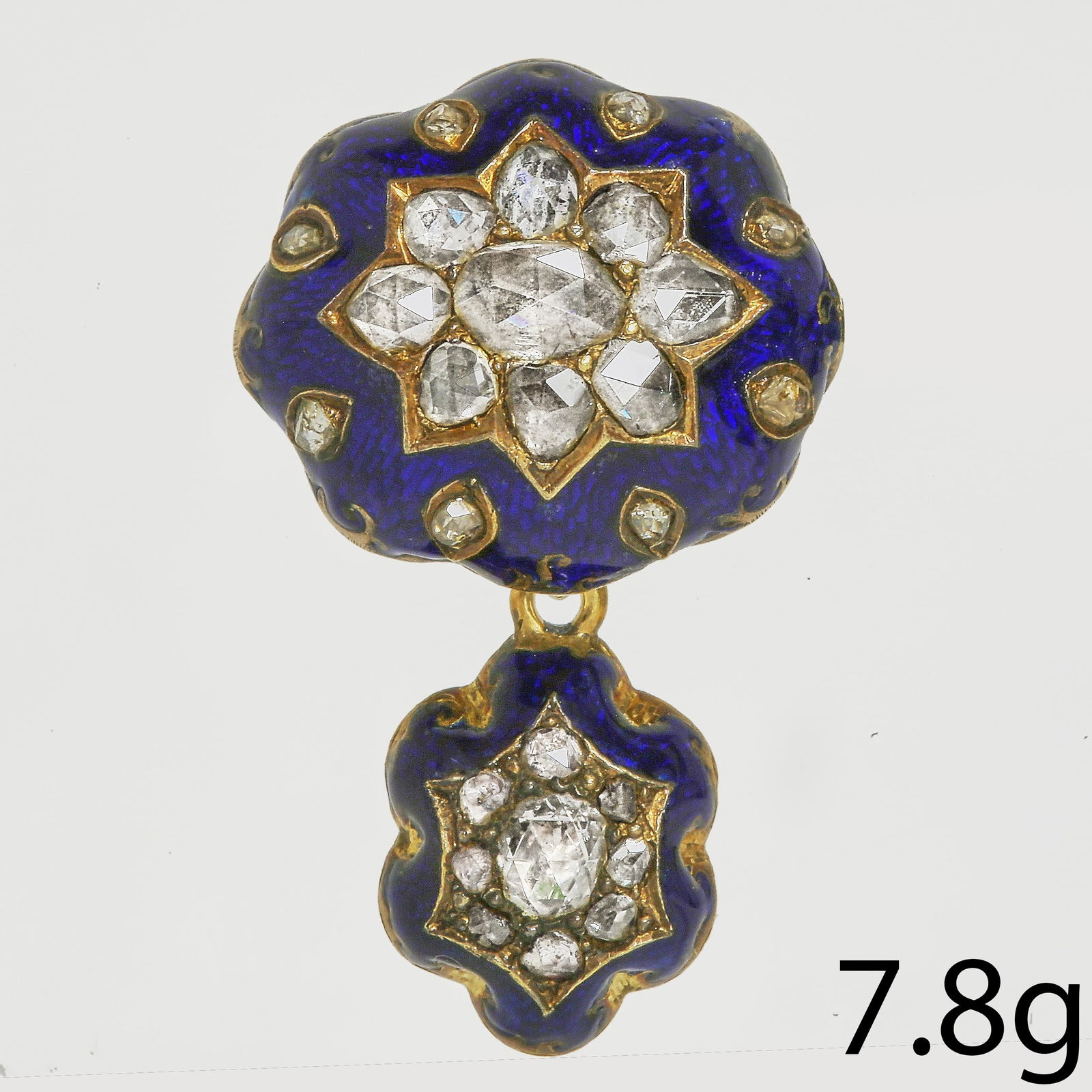 FINE VICTORIAN ROSE CUT DIAMOND AND ENAMEL GOLD BROOCH: FINE VICTORIAN ROSE CUT DIAMOND AND ENAMEL GOLD BROOCH 7.8 grams enamel in great condition lively diamonds L 3.5
