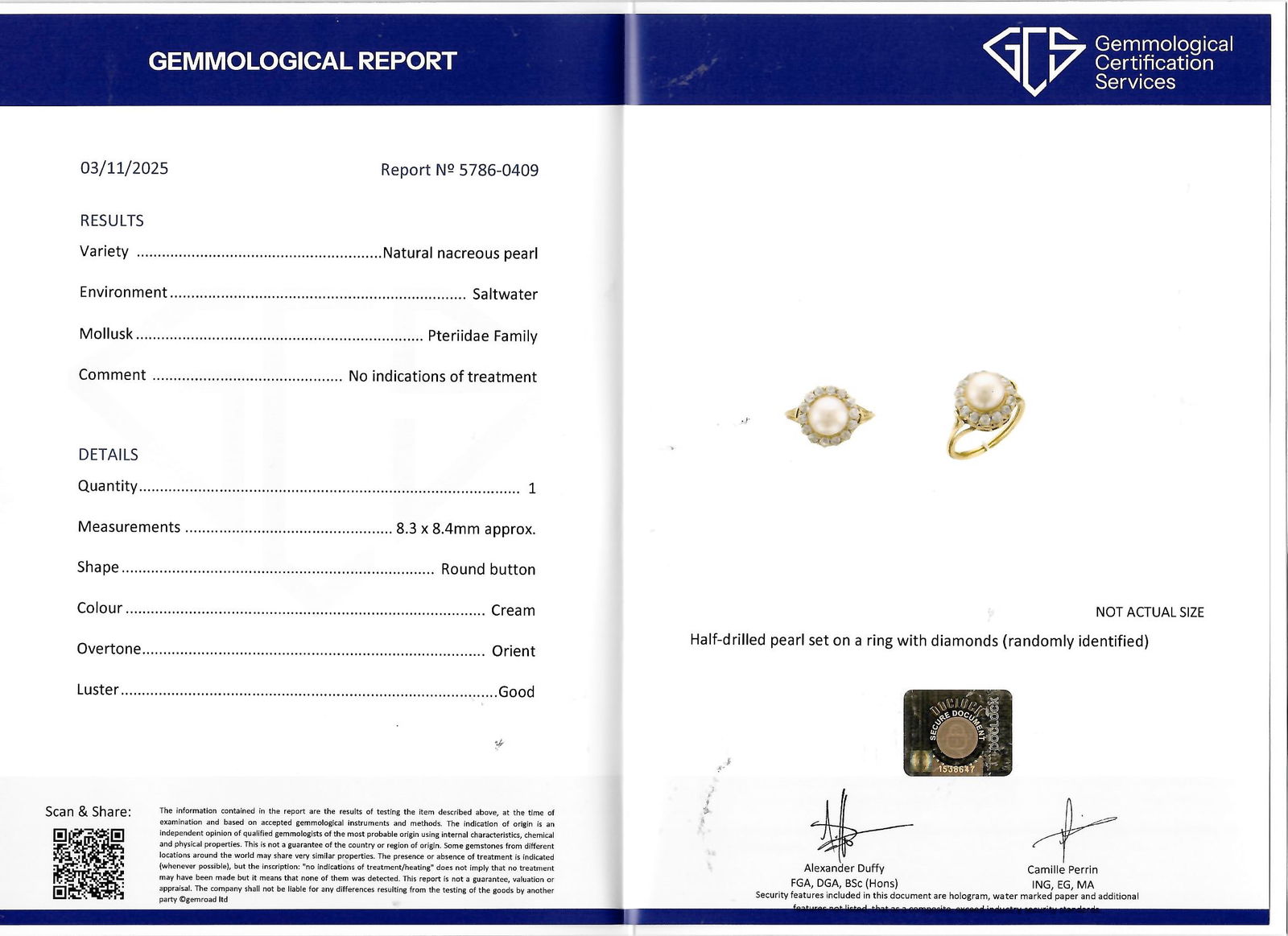 CERTIFICATED NATURAL SALTWATER PEARL AND DIAMOND CLUSTER RING: CERTIFICATED NATURAL SALTWATER PEARL AND DIAMOND CLUSTER RING,5.3 grams, testing high carat gold.Fine pearl of approx. 8.4 x 8.3 mm. (Certificated, Natural, Saltwater.)Lovely old cut diamonds.Size N