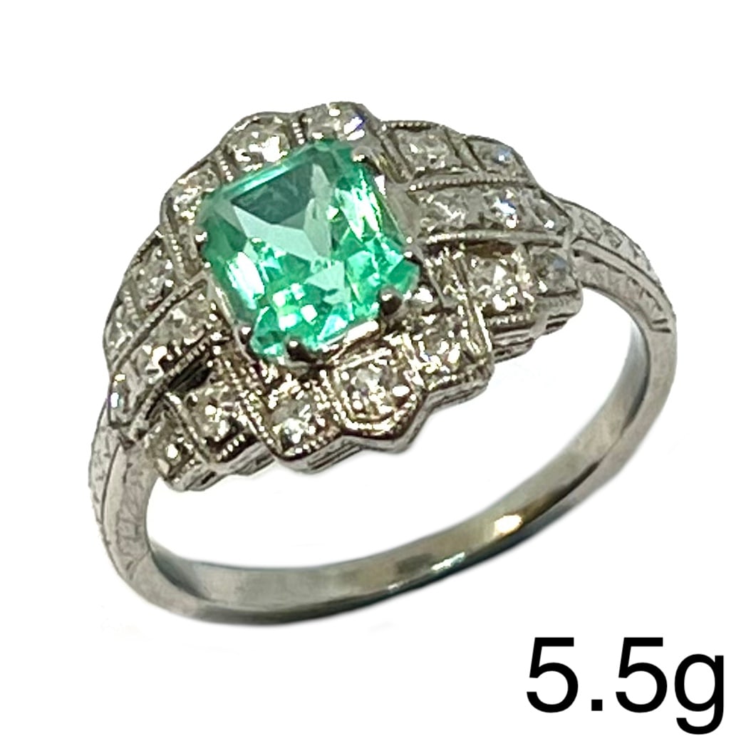 ANTIQUE EMERALD AND DIAMOND CLUSTER RING: ANTIQUE EMERALD AND DIAMOND CLUSTER RING 5.5 grams platinum Fine emerald with good clarity. (likely Colombian).bright lively diamonds in excellent condition size N
