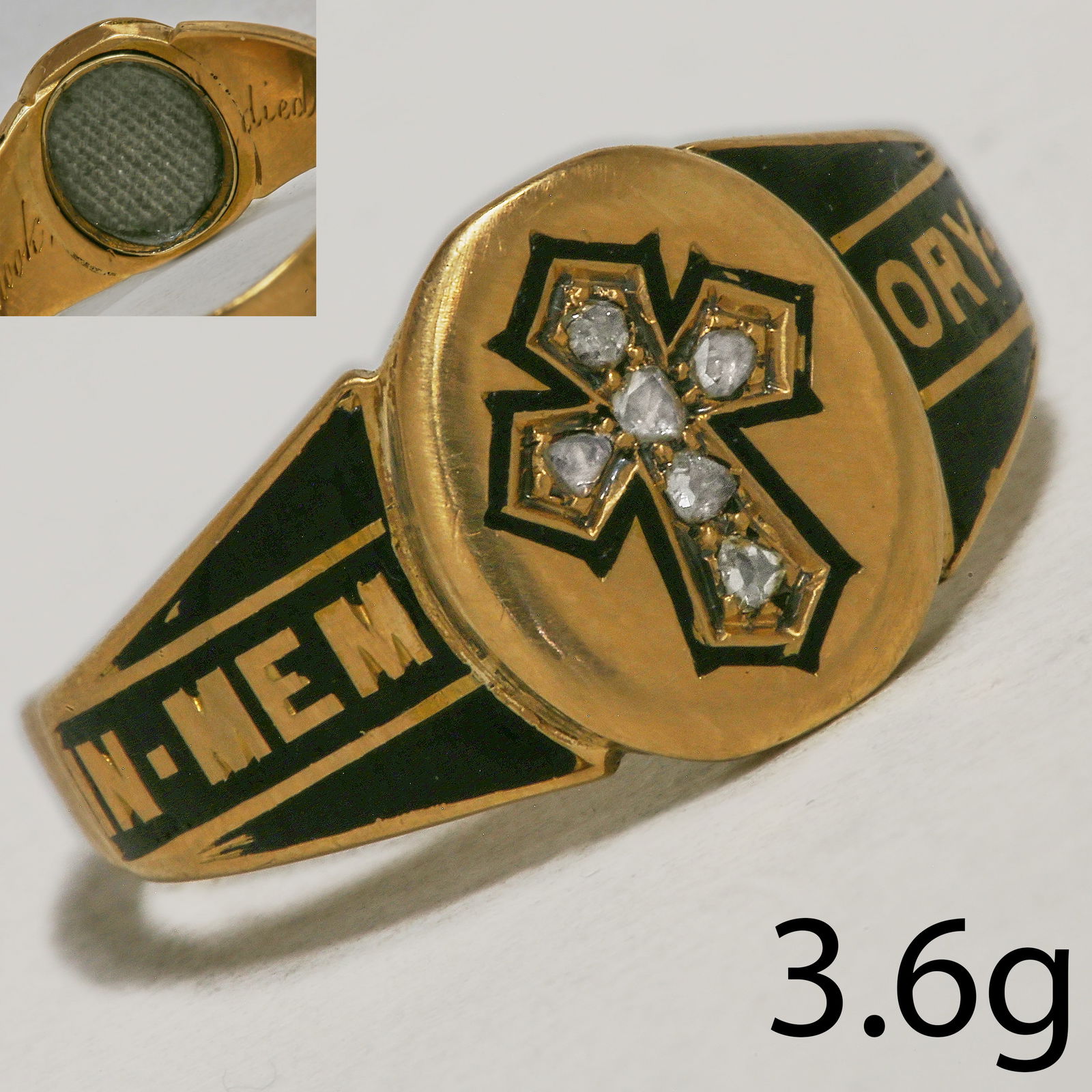 VICTORIAN ENAMEL IN MEMORY-OF RING WITH A DIAMOND CROSS: VICTORIAN ENAMEL IN MEMORY-OF RING WITH A DIAMOND CROSS3.6 grams 18 ct. hallmarked in great condition lively diamonds size L