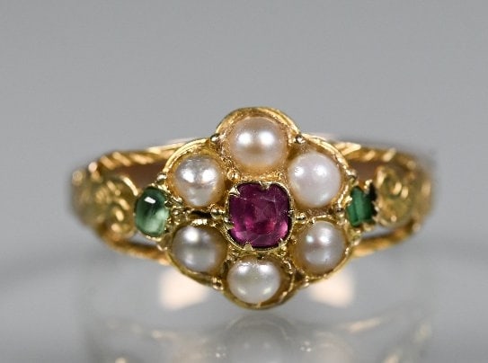 GEORGIAN RUBY PEARL AND EMERALD CLUSTER RING: GEORGIAN RUBY PEARL AND EMERALD CLUSTER RING,testing high carat gold.Vibrant ruby. Well matched pearls.Size K 1/2.