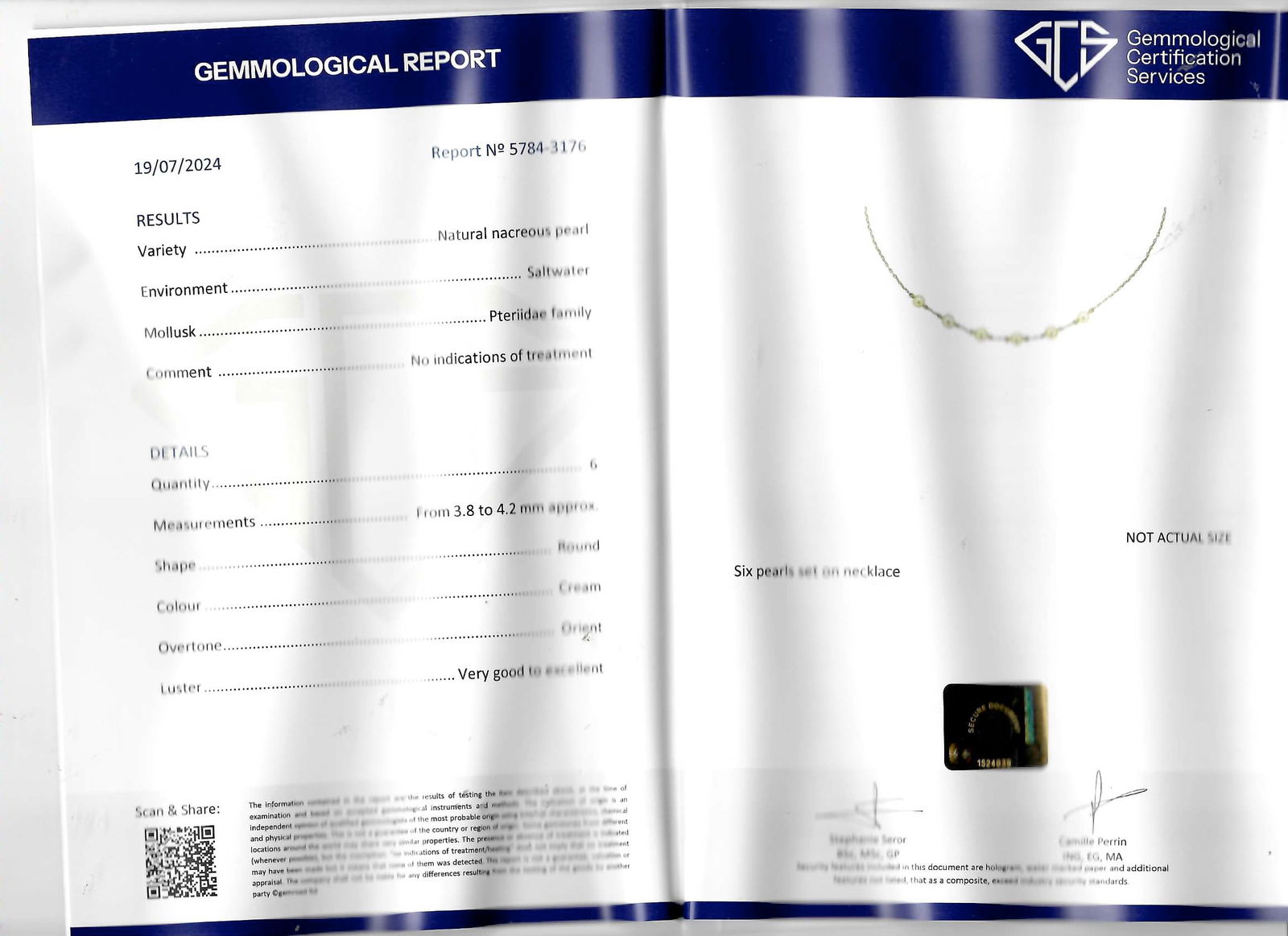 CERTIFICATED NATURAL SALTWATER PEARL NECKLACE: CERTIFICATED NATURAL SALTWATER PEARL NECKLACE natural pearls, well matchedwith good lustre L 40 cm2.5 grams for certificate details, see photos