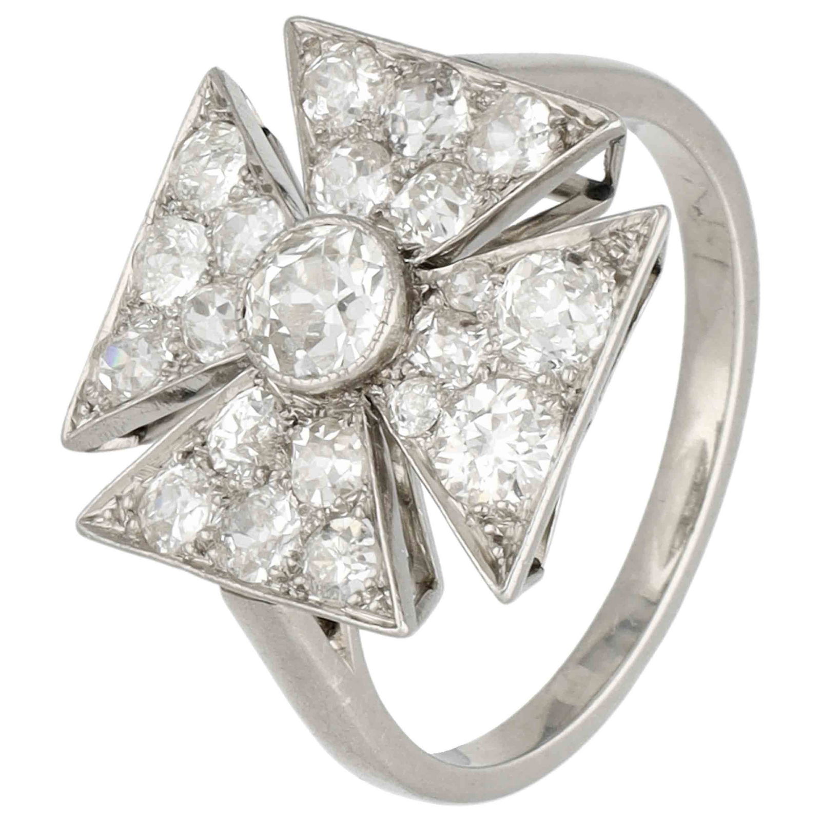 DIAMOND MALTESE CROSS RING: DIAMOND MALTESE CROSS RING,4,7 grams, testing platinum.Bright and lively old cut diamonds, totalling approx. 2.40 ct.Size R.