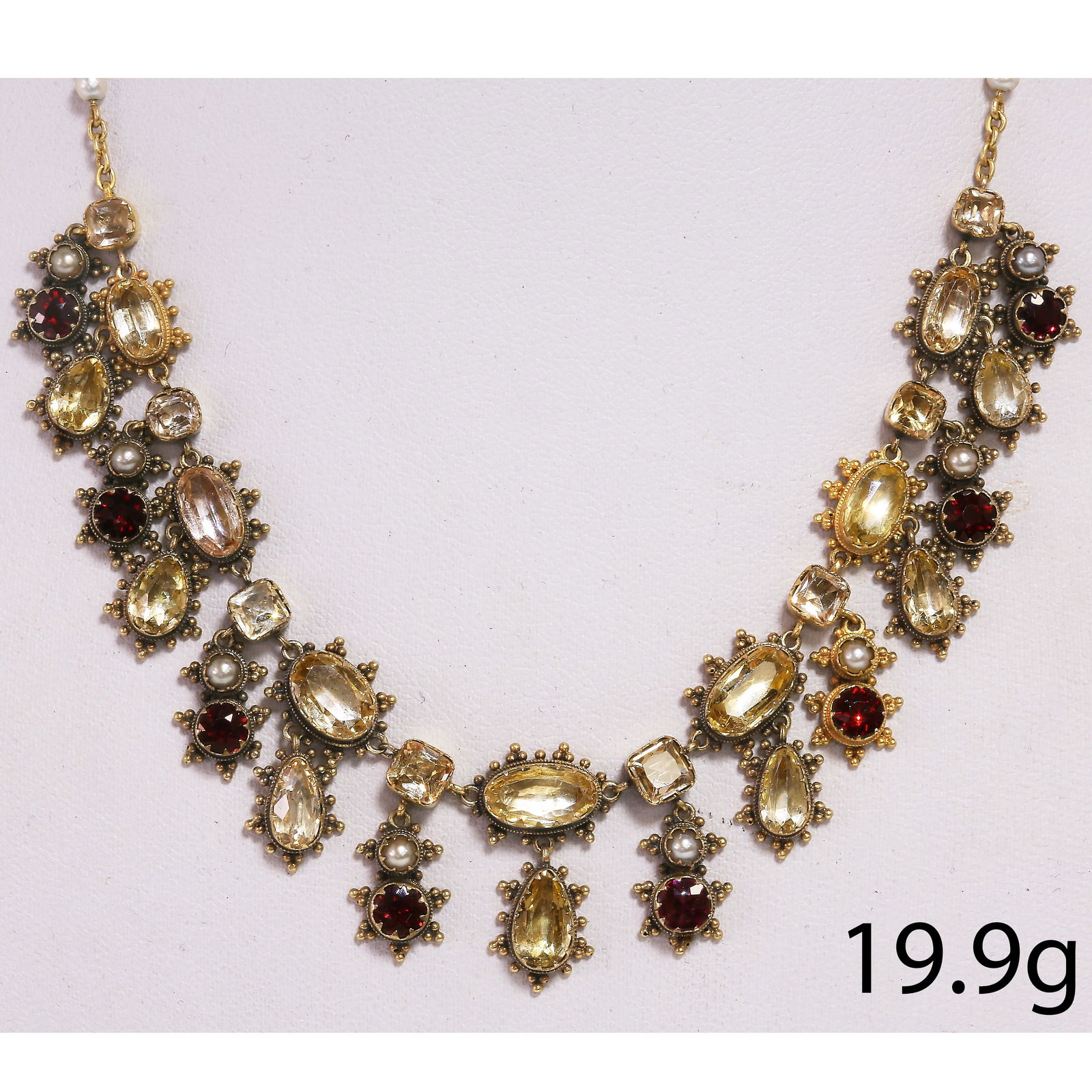 GEORGIAN GOLD PRECIOUS TOPAZ AND GARNET NECKLACE: GEORGIAN GOLD PRECIOUS TOPAZ AND GARNET NECKLACE 19.9 grams rich vibrant stones in great condition fine craftsmanship L 38 cm