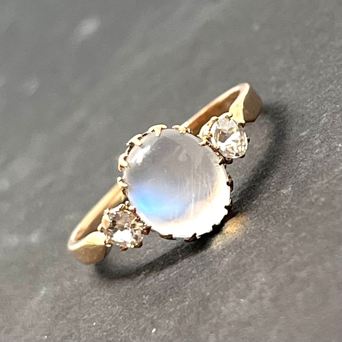 MOONSTONE AND DIAMOND 3-STONE RING (1 of 1)