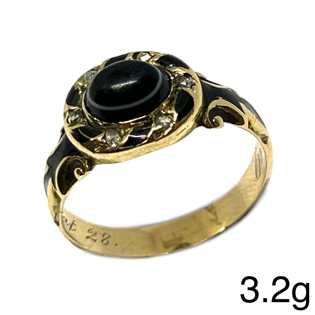 VICTORIAN BANDED AGATE, ENAMEL AND DIAMOND RING: VICTORIAN BANDED AGATE, ENAMEL AND DIAMOND RING,3.2 grams, testing high carat gold.Lovely cabochon cut banded agate.Further decorated with enamel and diamonds.Size L.