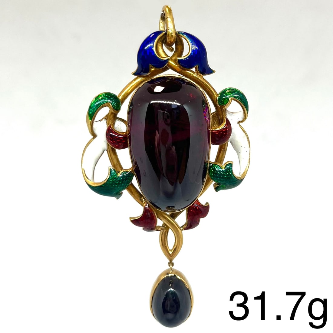FANTASTIC GOLD GARNET AND ENAMEL PENDANT: FANTASTIC GOLD GARNET AND ENAMEL PENDANT 31.7 grams larger vibrant garnet approx. 3 - 1.7 cm enamel in great condition L 6 cm