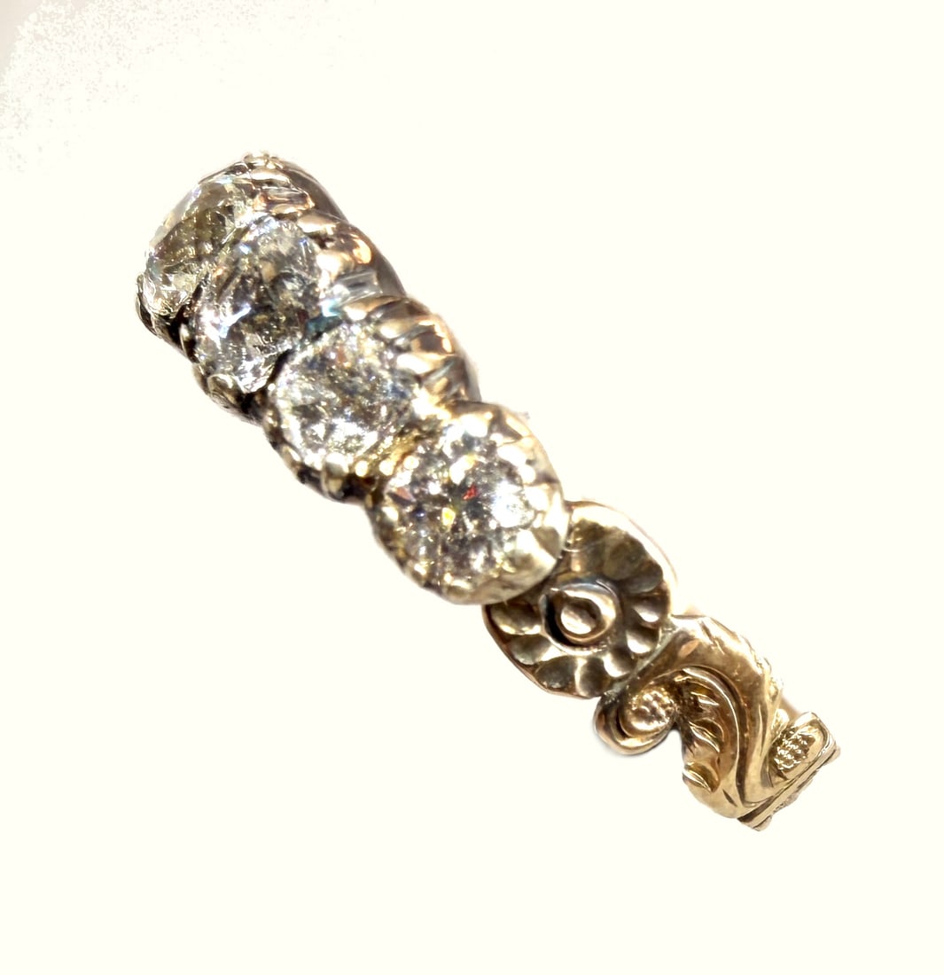 ANTIQUE 7-STONE DIAMOND RING, Georgian?: GEORGIAN 7-STONE DIAMOND RING,testing high carat gold and silver.Lovely old cut diamonds.Size L.