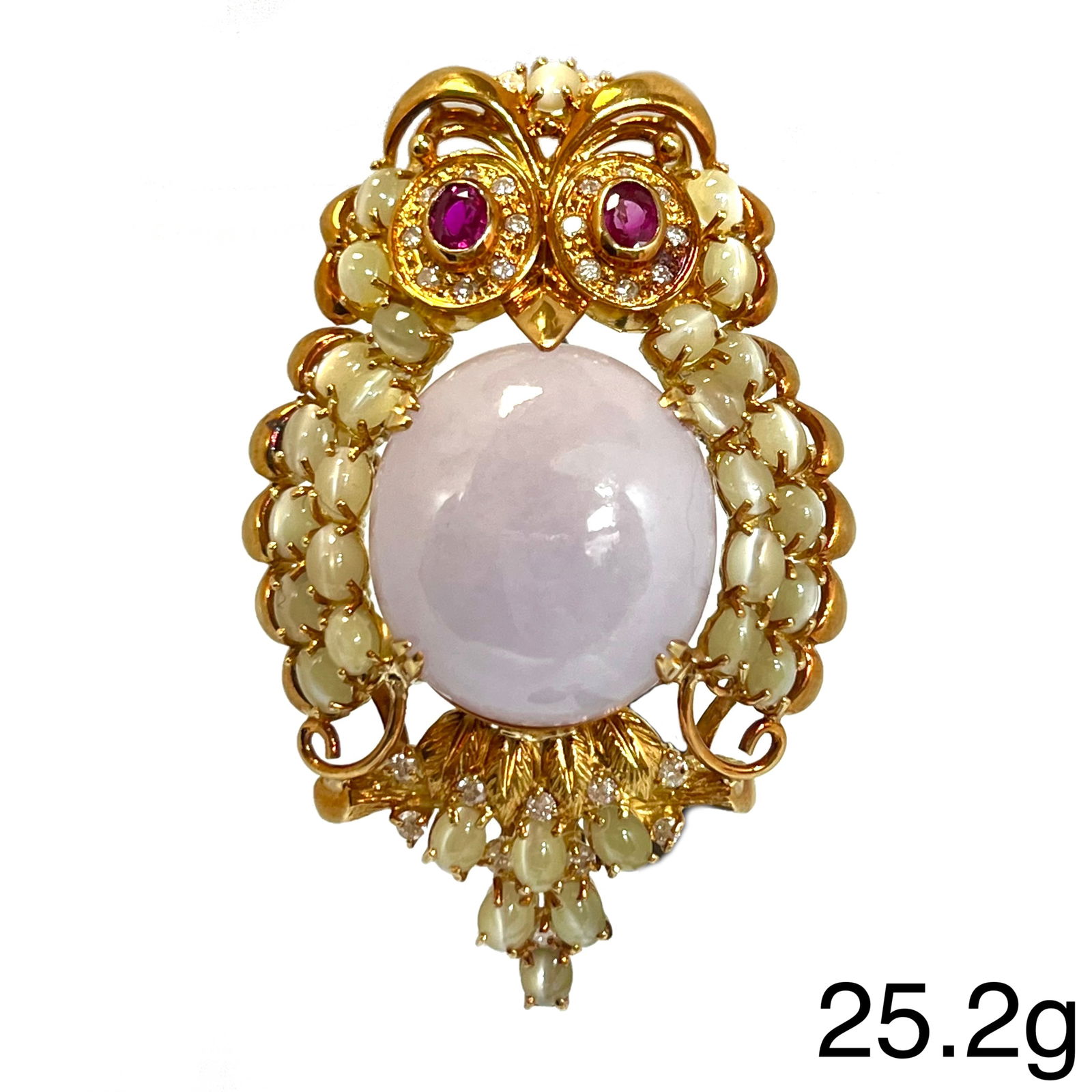 LOVELY JADE, RUBY, DIAMOND AND CHRYSOBERYL CAT'S EYE OWL BROOCH (1 of 1)