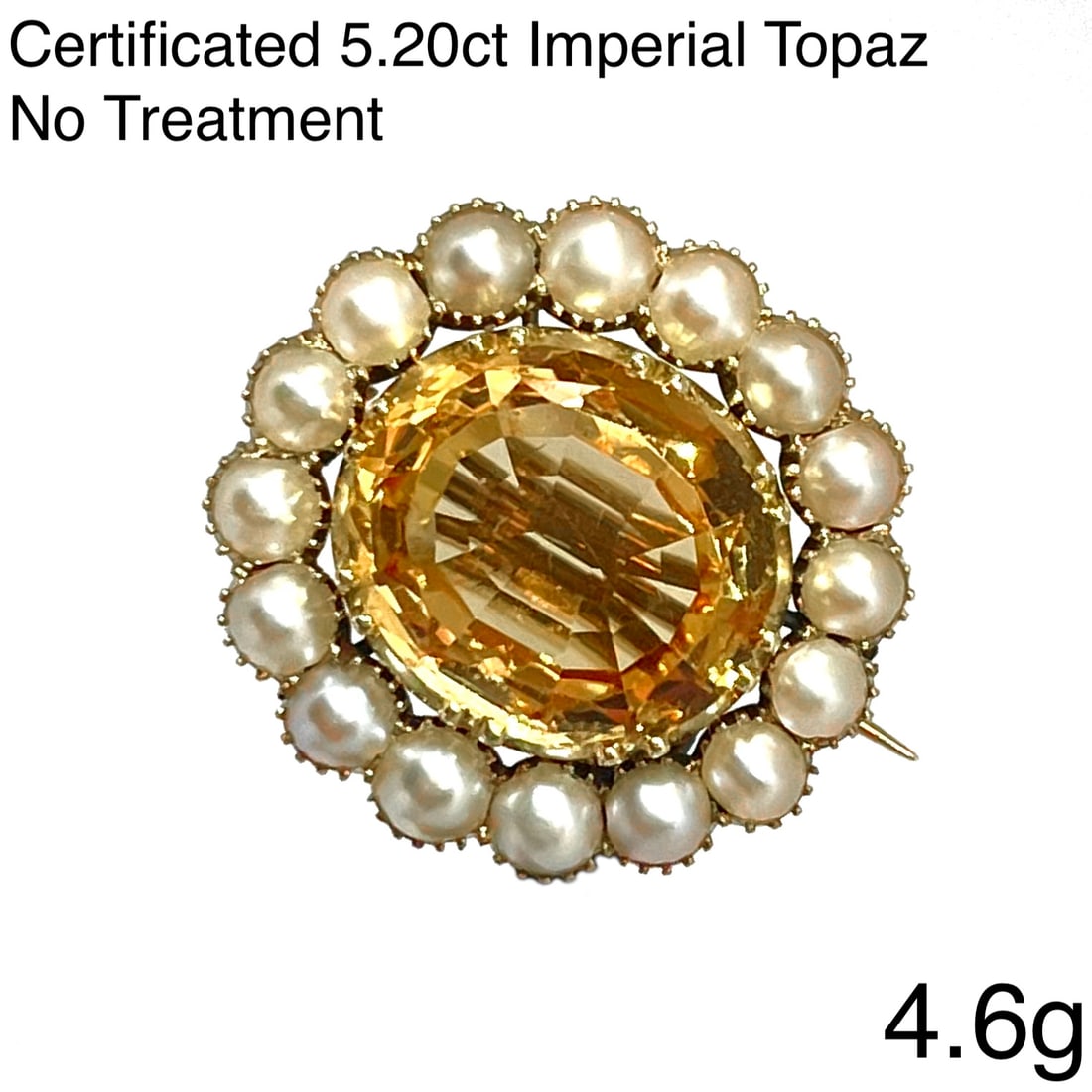 CERTIFICATED IMPERIAL TOPAZ AND PEARL BROOCH: CERTIFICATED IMPERIAL TOPAZ AND PEARL BROOCH,4,6 grams, testing high carat gold.Rich and vibrant imperial topaz of 5.20 ct. (Certificated, no treatment).Fine pearls (untested, assumed to be natural).W