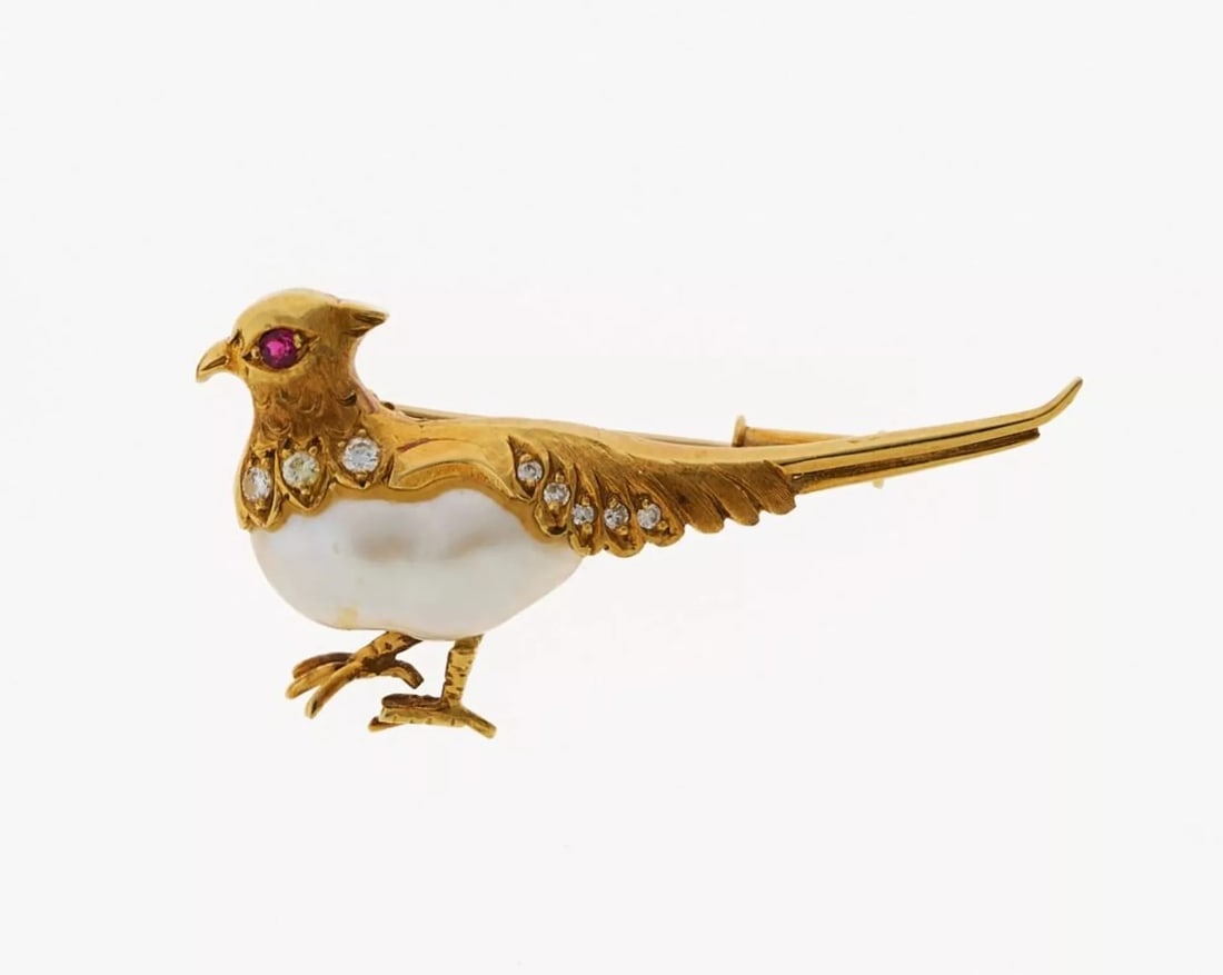 PEARL DIAMOND AND RUBY PHEASANT BROOCH (1 of 1)