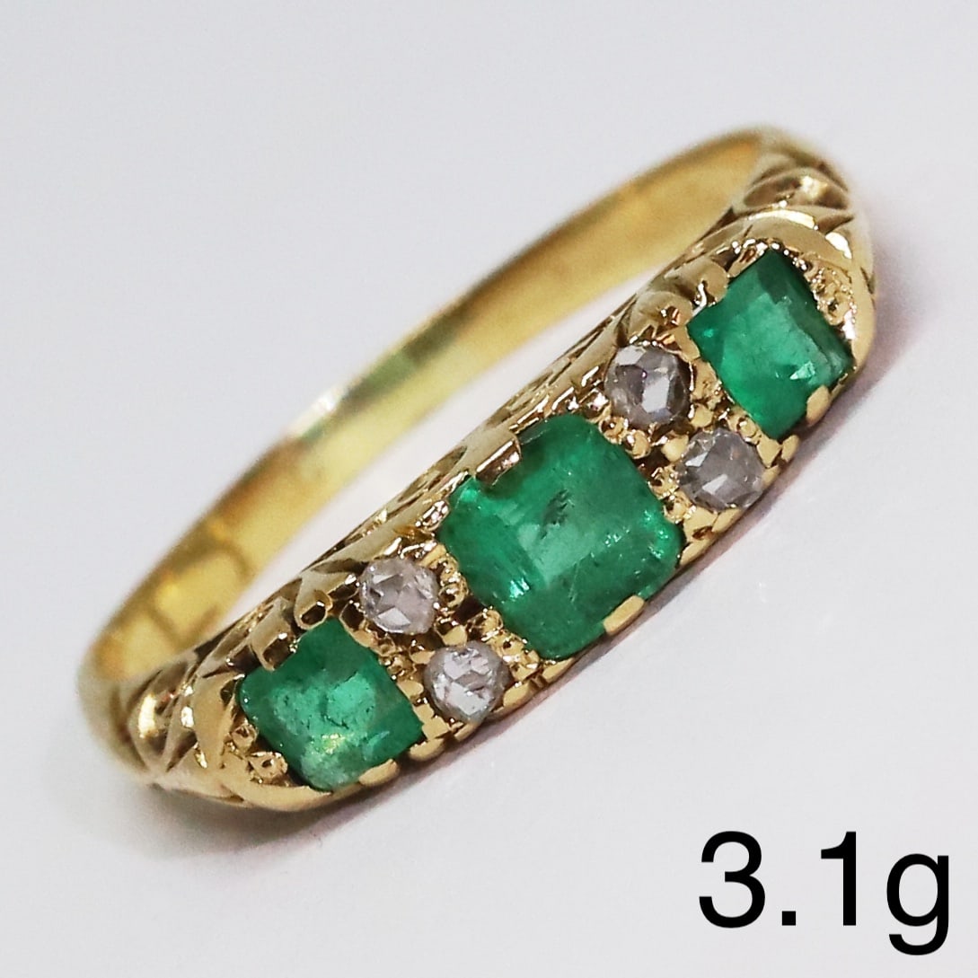 EMERALD AND DIAMOND RING: EMERALD AND DIAMOND RING,3,1 grams, testing high carat gold.Rich and vibrant emeralds.Diamonds bright and lively.Size N 1/2.