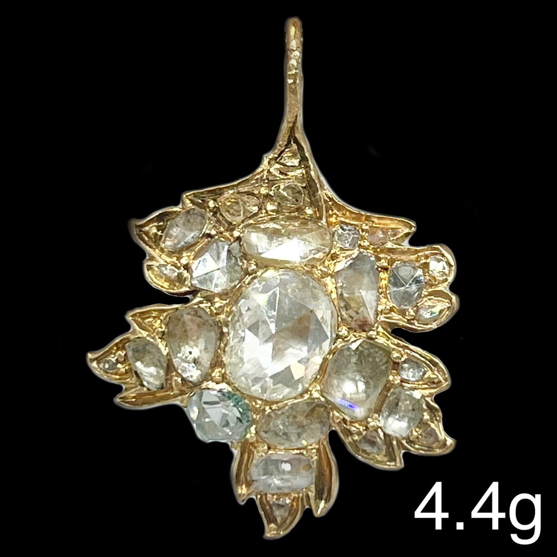 ANTIQUE ROSE CUT DIAMOND PENDANT: ANTIQUE ROSE CUT DIAMOND PENDANT 4.4 grams bright lively rose cut diamonds L 3 cm