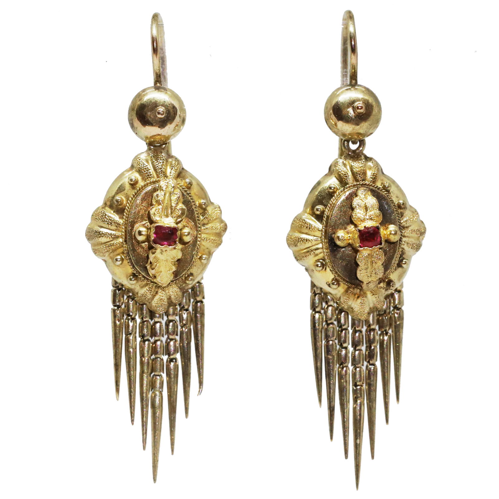 VICTORIAN ETRUSCAN REVIVAL GARNET SET TASSEL EARRINGS: VICTORIAN ETRUSCAN REVIVAL GARNET SET TASSEL EARRINGS 4.6 grams high carat gold matching garnets in excellent condition L 4.9 cm