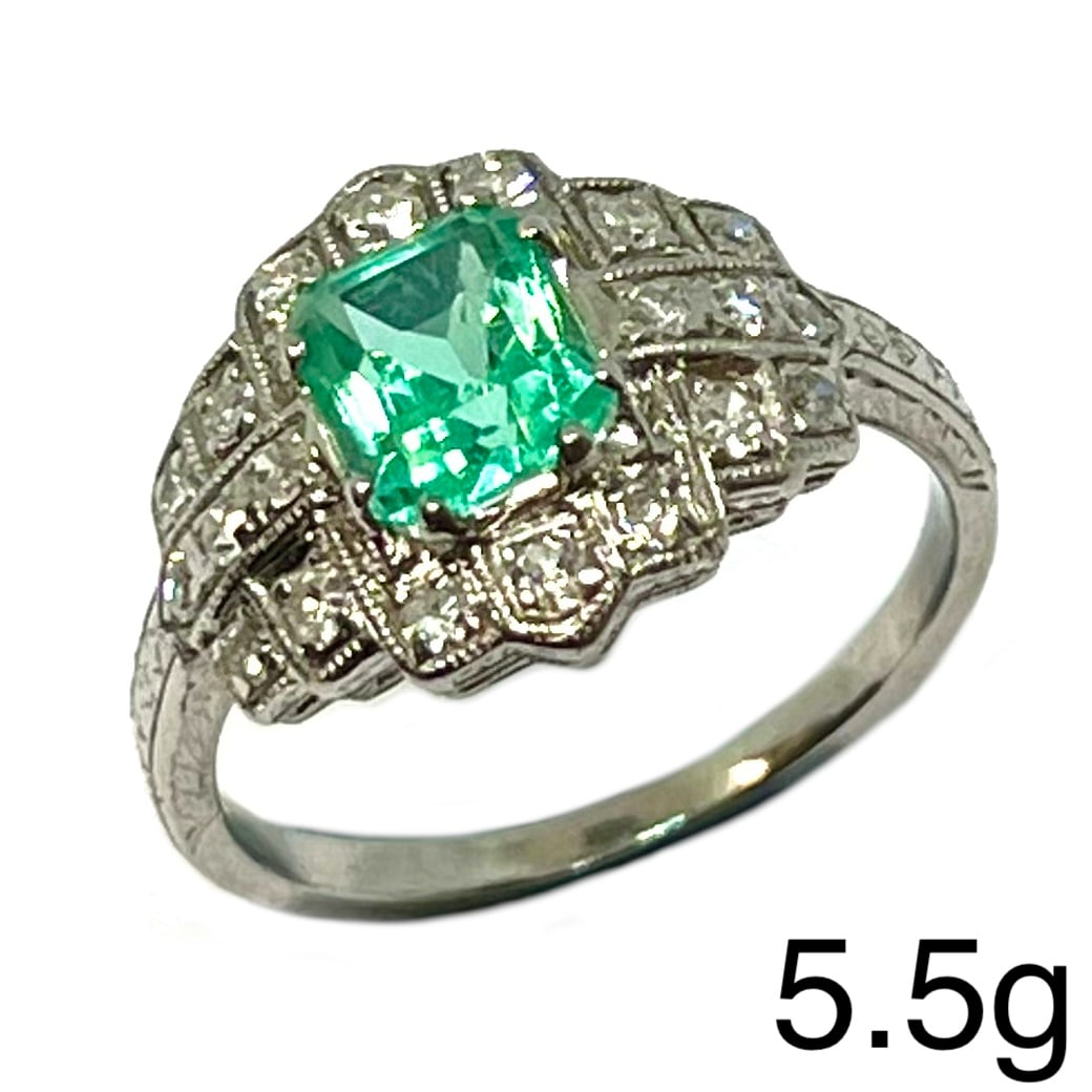 ANTIQUE EMERALD AND DIAMOND CLUSTER RING: ANTIQUE EMERALD AND DIAMOND CLUSTER RING 5.5 grams platinum Fine emerald with good clarity. (likely Colombian).bright lively diamonds in excellent condition size N