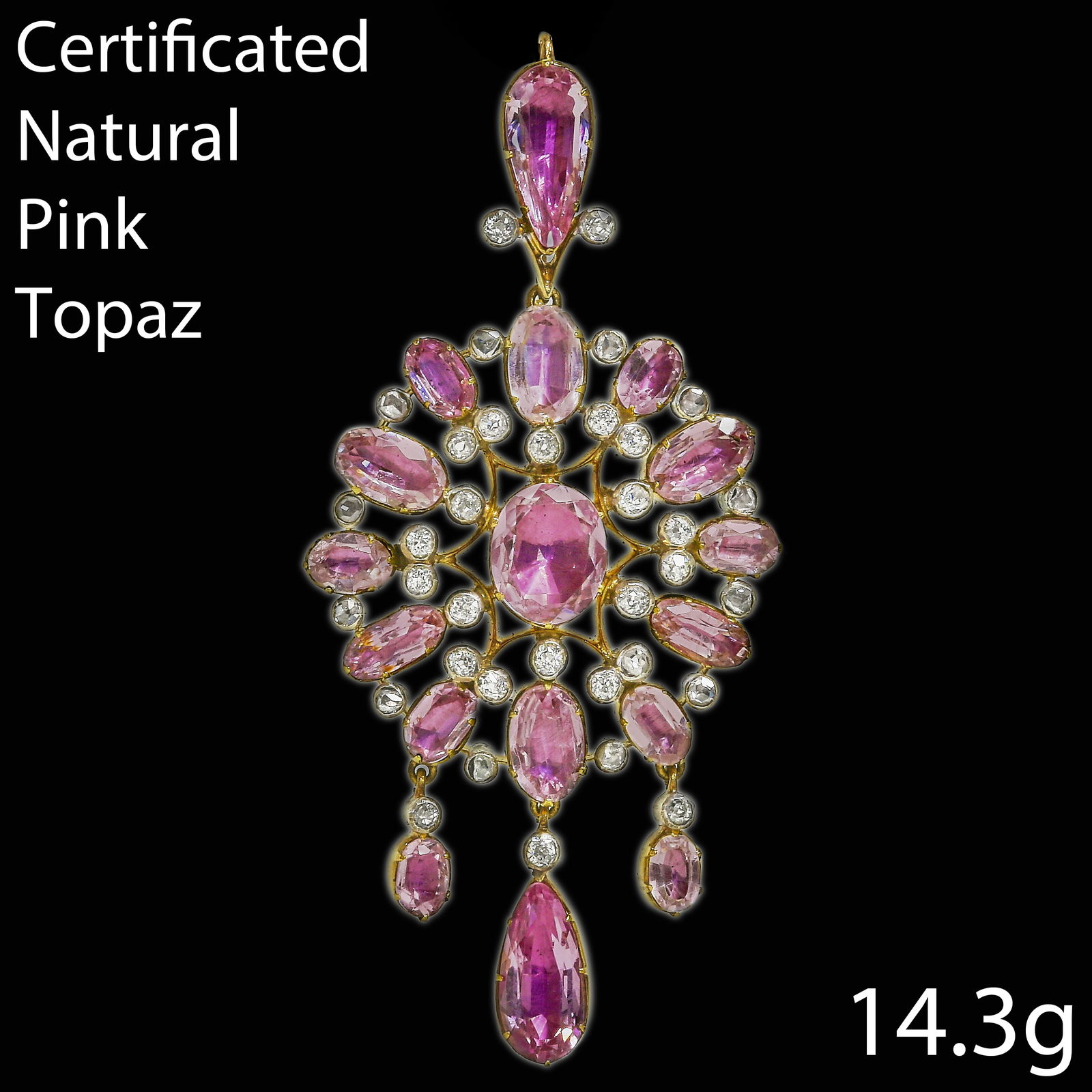 ELEGANT GEORGIAN CERTIFICATED NATURAL PINK TOPAZ AND DIAMOND GOLD PENDANT: ELEGANT GEORGIAN CERTIFICATED NATURAL PINK TOPAZ AND DIAMOND GOLD PENDANT 14.3 grams set with vibrant natural topaz with no abrasions lively diamonds L 6.9 cm W 3 cm for certificated details, see phot