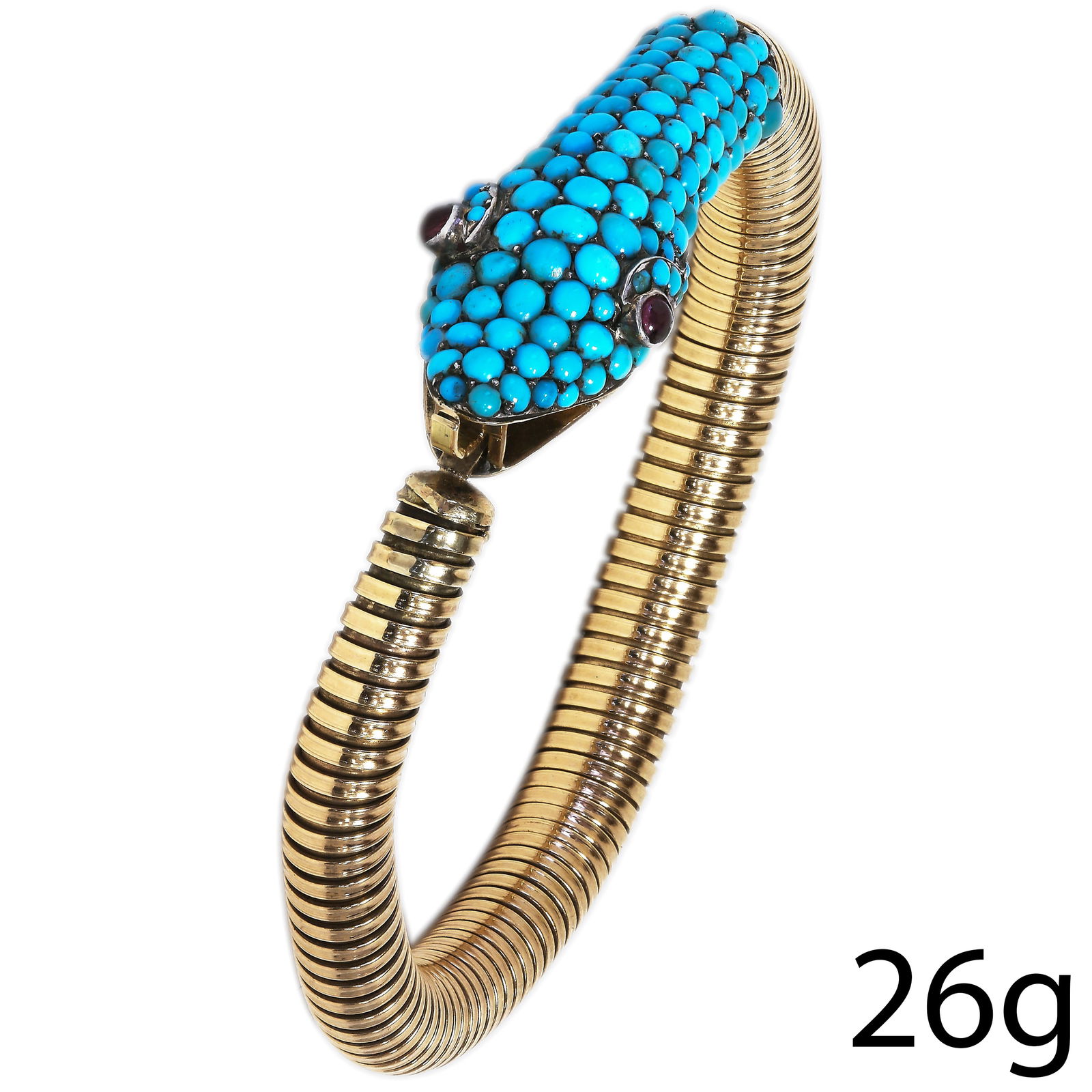 EARLY VICTORIAN TURQUOISE SNAKE BRACELET: EARLY VICTORIAN TURQUOISE SNAKE BRACELET 26 grams dated 1844matching turquoise L 18 cm snakes head 4.7 cm