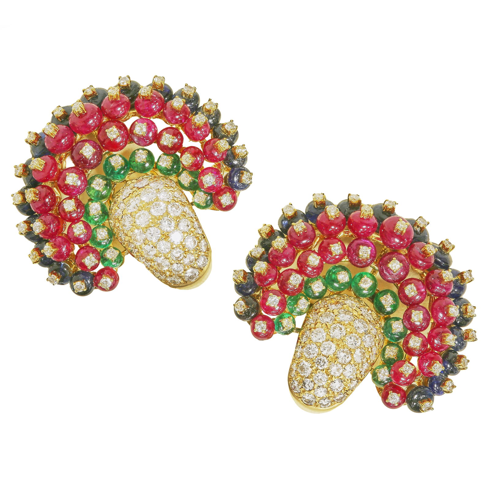 FINE PAIR OF DIAMOND, EMERALD, RUBY AND SAPPHIRE EARRINGS: FINE PAIR OF DIAMOND, EMERALD, RUBY AND SAPPHIRE EARRINGS,35.3 grams, testing 18 ct. gold.The earrings of fine fan shaped design.Bright and lively diamonds.W. 3.6 cm.Possibly by David Webb.