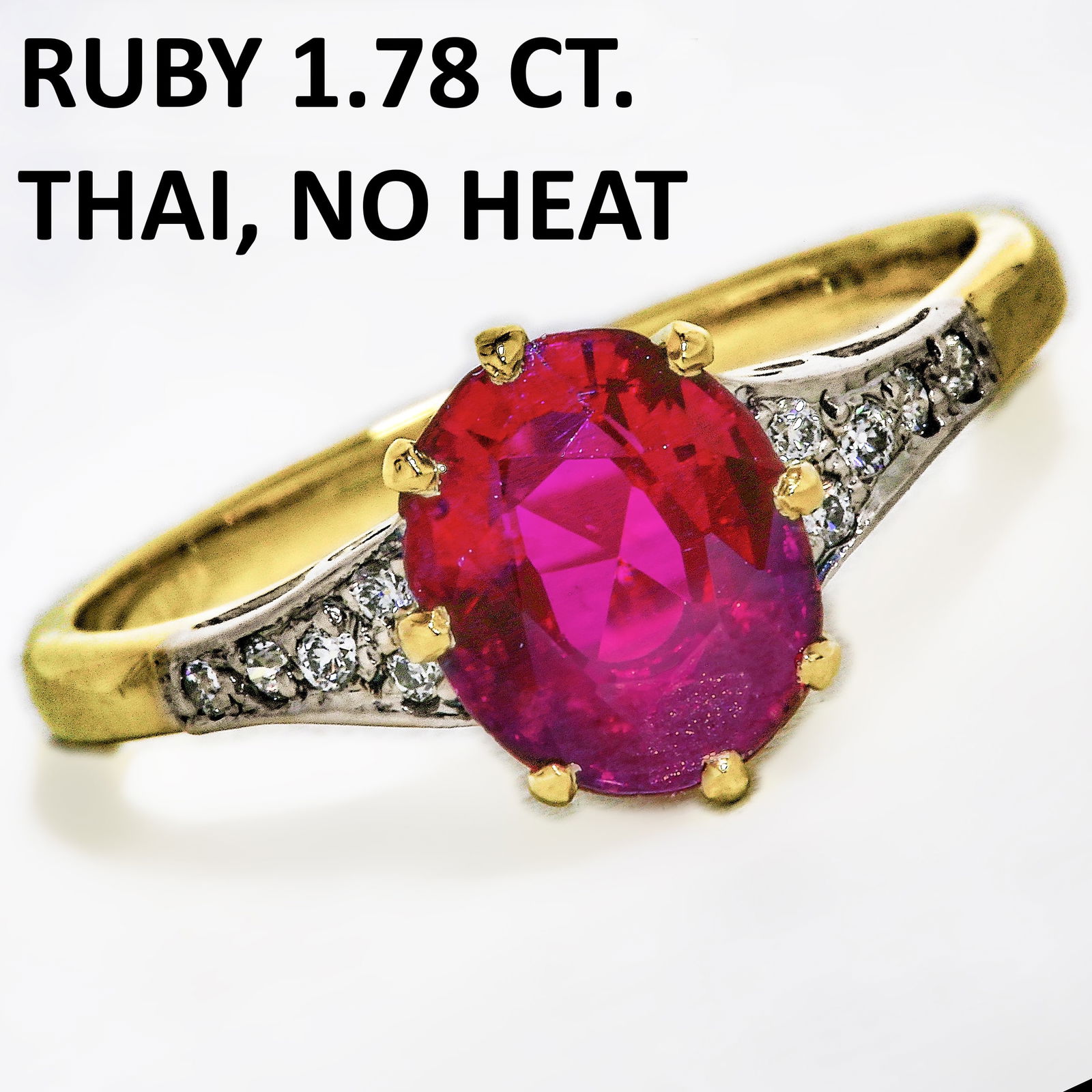 THAI NO HEAT RUBY AND DIAMOND RING: THAI NO HEAT RUBY AND DIAMOND RING 2.9 grams 18 ct fine rich vibrant Thai no heat ruby with no abrasions approx 1.78 ct (Verbal, GCS London).bright lively diamonds size M