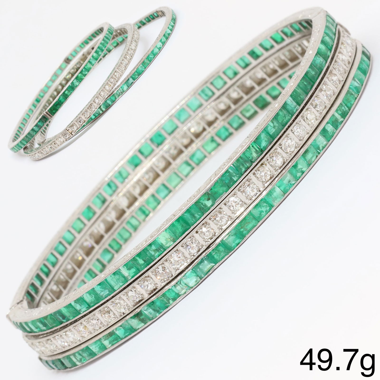 EXQUISITE SET OF 3 ART-DECO EMERALD AND DIAMOND HINGED BRACELETS (1 of 1)