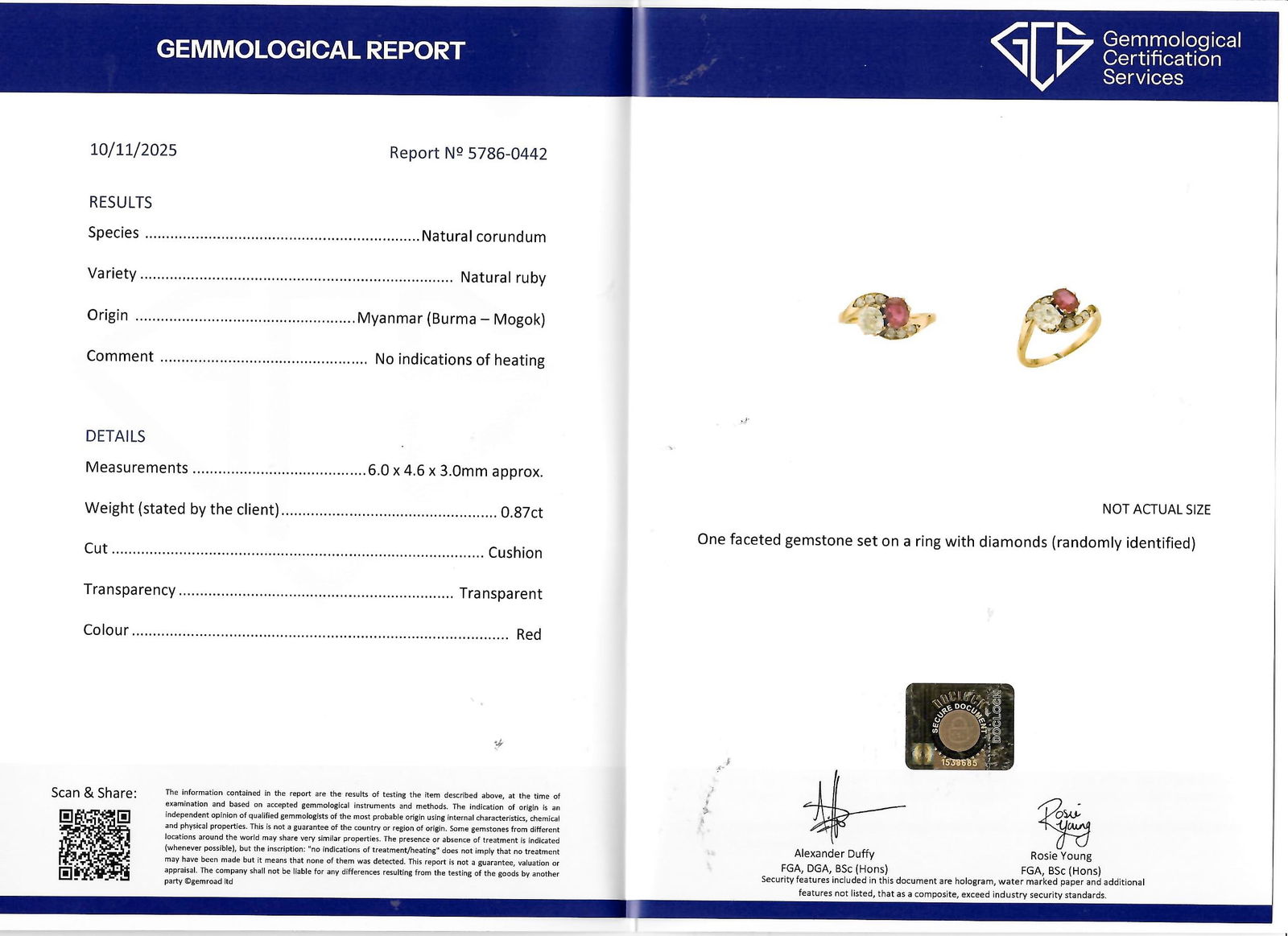 CERTIFICATED BURMA RUBY AND DIAMOND TWIST RING: CERTIFICATED BURMA RUBY AND DIAMOND TWIST RING,3.3 grams, testing high carat gold.Rich and vibrant ruby of approx. 0.87 ct. (Certificated, Burma 'Mogok', No Heat).Bright and lively diamonds, totalling
