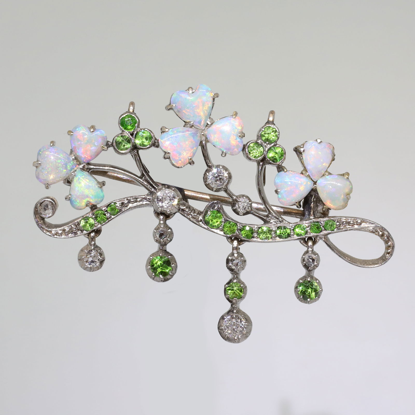 SWEET EDWARDIAN DEMANTOID GARNET, DIAMOND AND OPAL NATURALISTIC BROOCH (1 of 1)