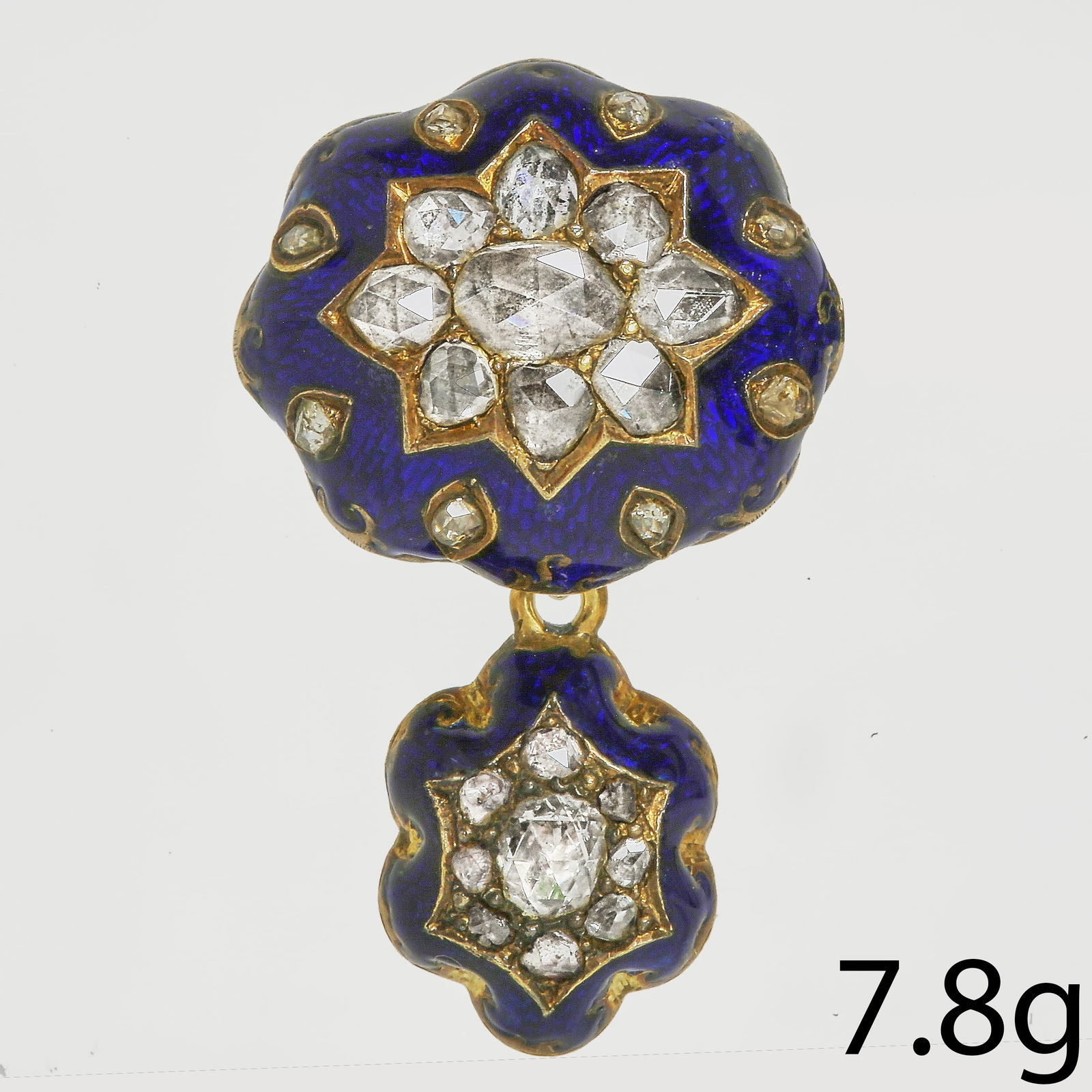 FINE VICTORIAN ROSE CUT DIAMOND AND ENAMEL GOLD BROOCH: FINE VICTORIAN ROSE CUT DIAMOND AND ENAMEL GOLD BROOCH 7.8 grams enamel in great condition lively diamonds L 3.5