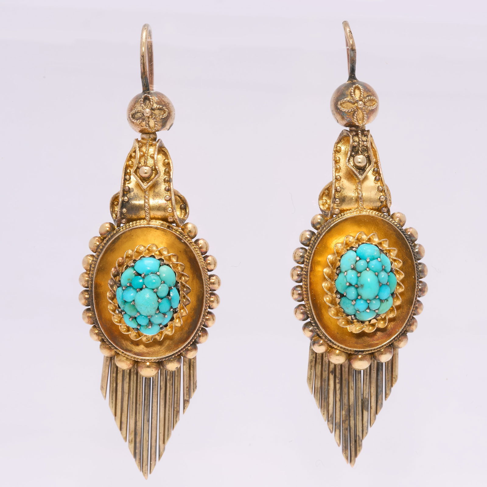 ETRUSCAN GOLD TURQUOISE TASSEL EARRINGS: ETRUSCAN GOLD TURQUOISE TASSEL EARRINGS 8.1 grams turquoise well matched in great condition L 4.9 cm