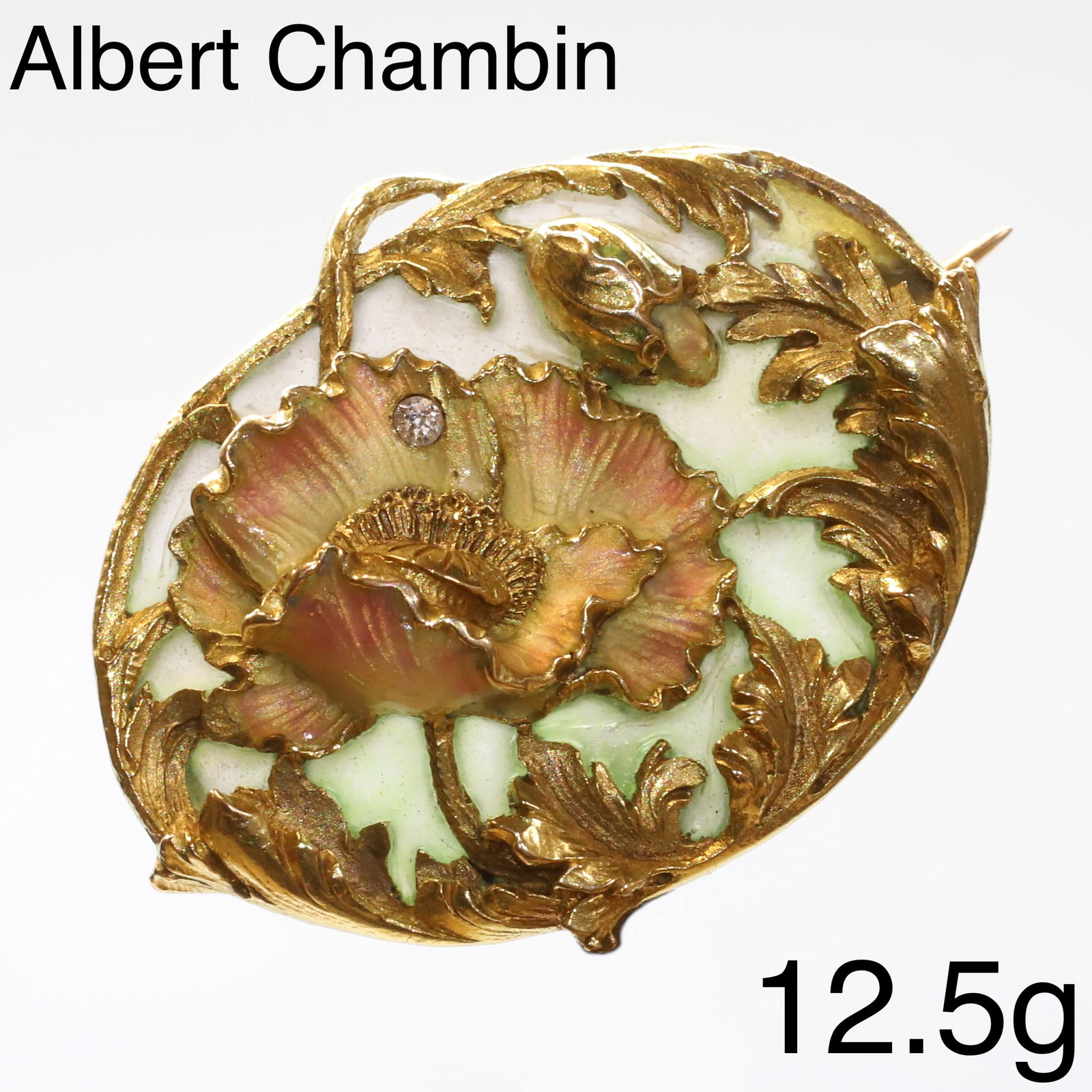 ALBERT CHAMBIN, ART NOUVEAU PLIQUE-A-JOUR ENAMEL, ENAMEL AND DIAMOND BROOCH,: ALBERT CHAMBIN, ART NOUVEAU PLIQUE-A-JOUR ENAMEL, ENAMEL AND DIAMOND BROOCH,12,5 grams, testing high carat gold.Designed as an enamel multi-colour flower on a plique-a-jour enamel background with diam